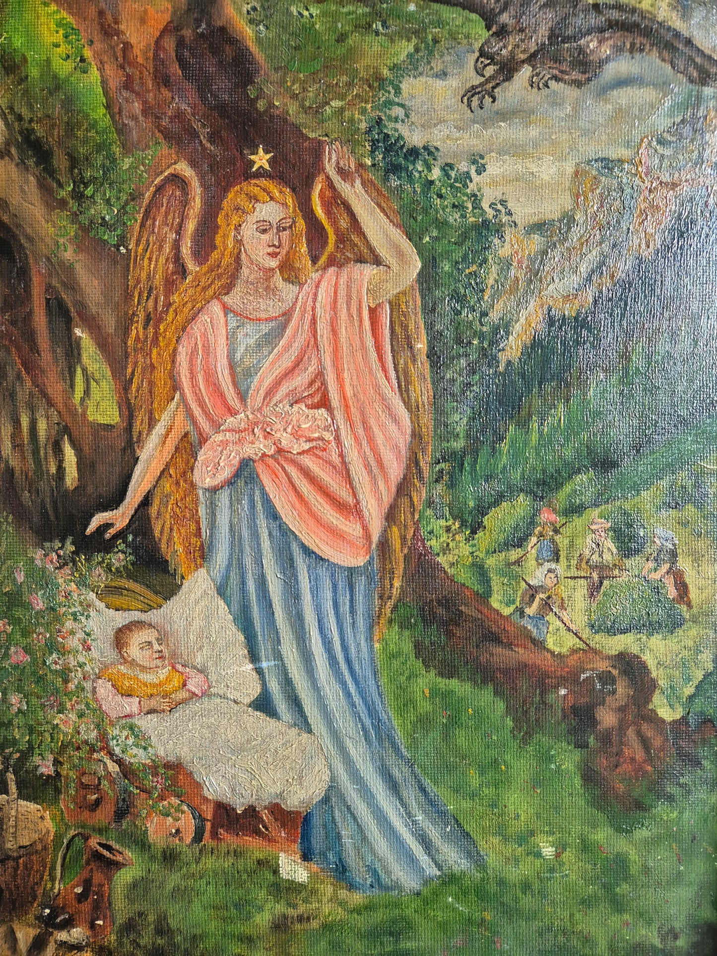 Europäische Schule 20. Jhrd. Ölgemälde Engel mit Kind 40x55 cm