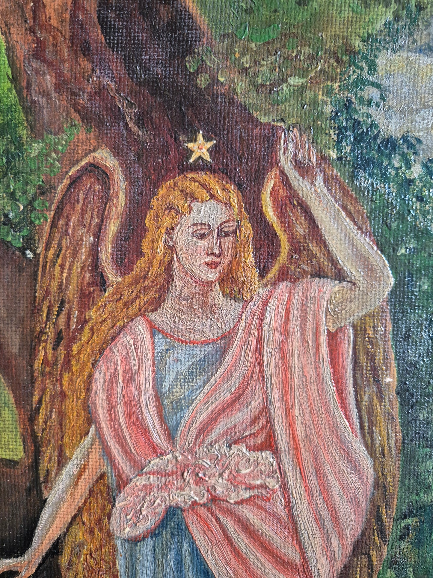 Europäische Schule 20. Jhrd. Ölgemälde Engel mit Kind 40x55 cm