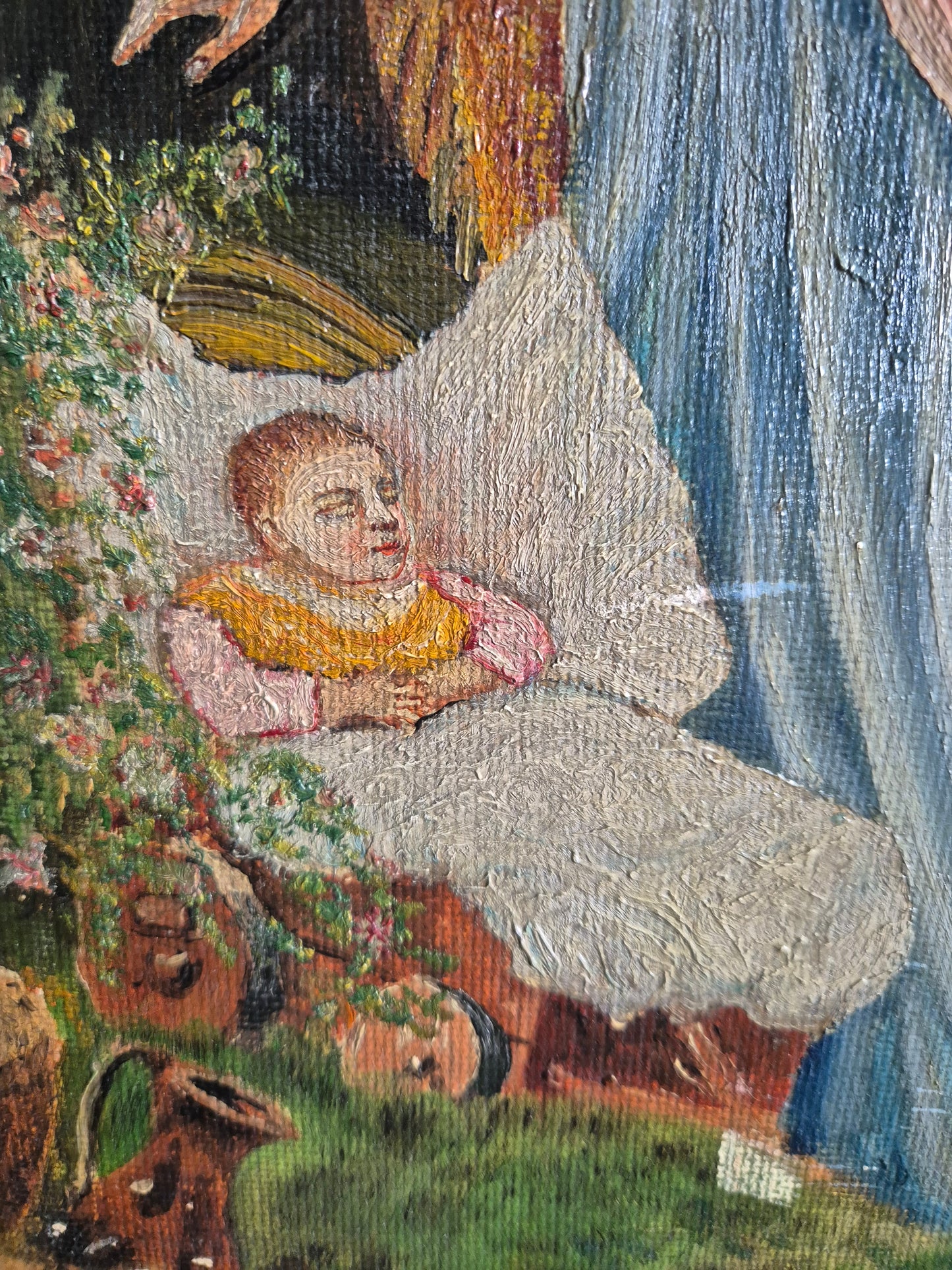 Europäische Schule 20. Jhrd. Ölgemälde Engel mit Kind 40x55 cm