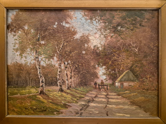 Europäische Schule 20. Jhrd. Ölgemälde Waldweg mit Haus 62x50 cm