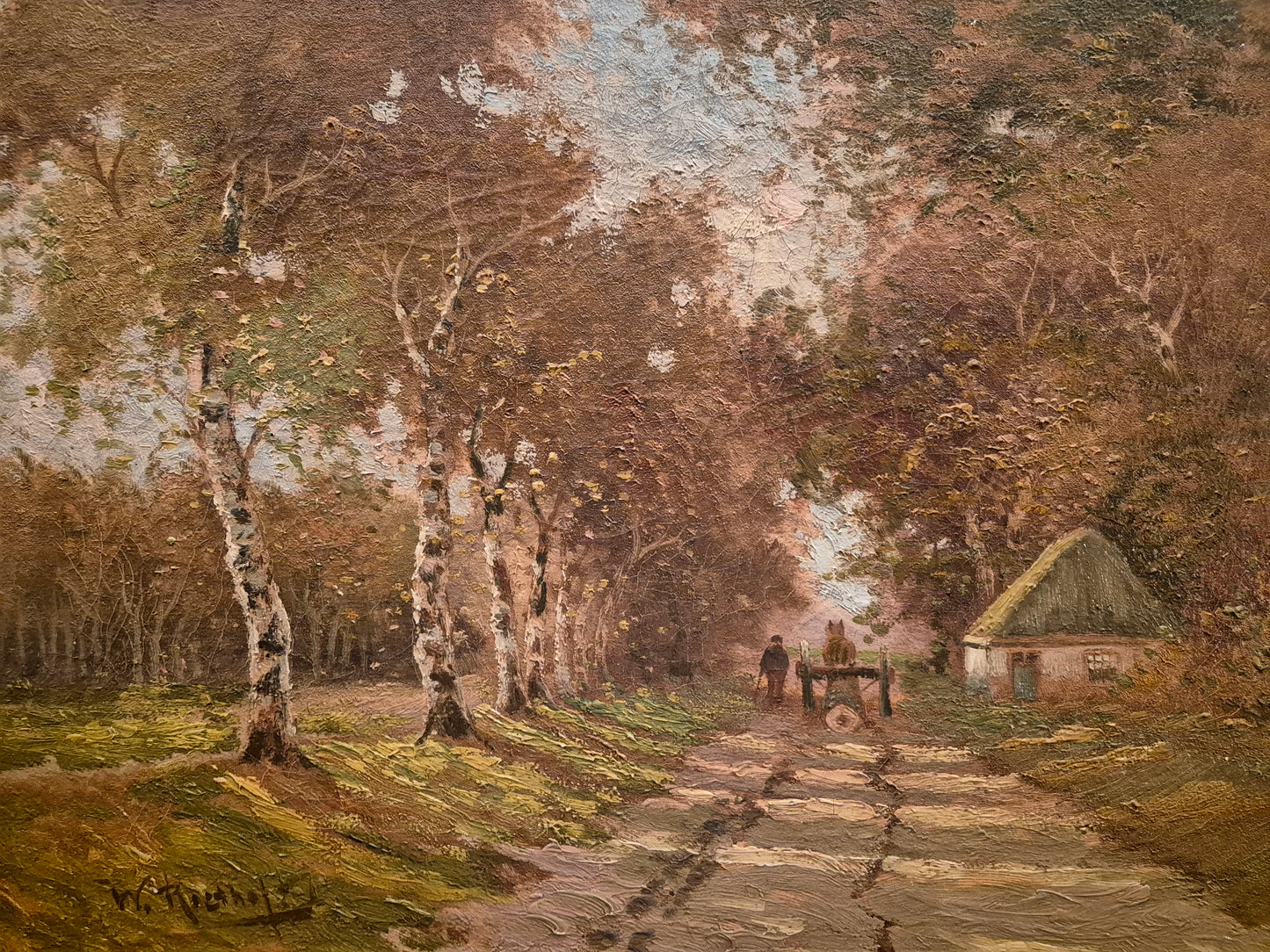 Europäische Schule 20. Jhrd. Ölgemälde Waldweg mit Haus 62x50 cm