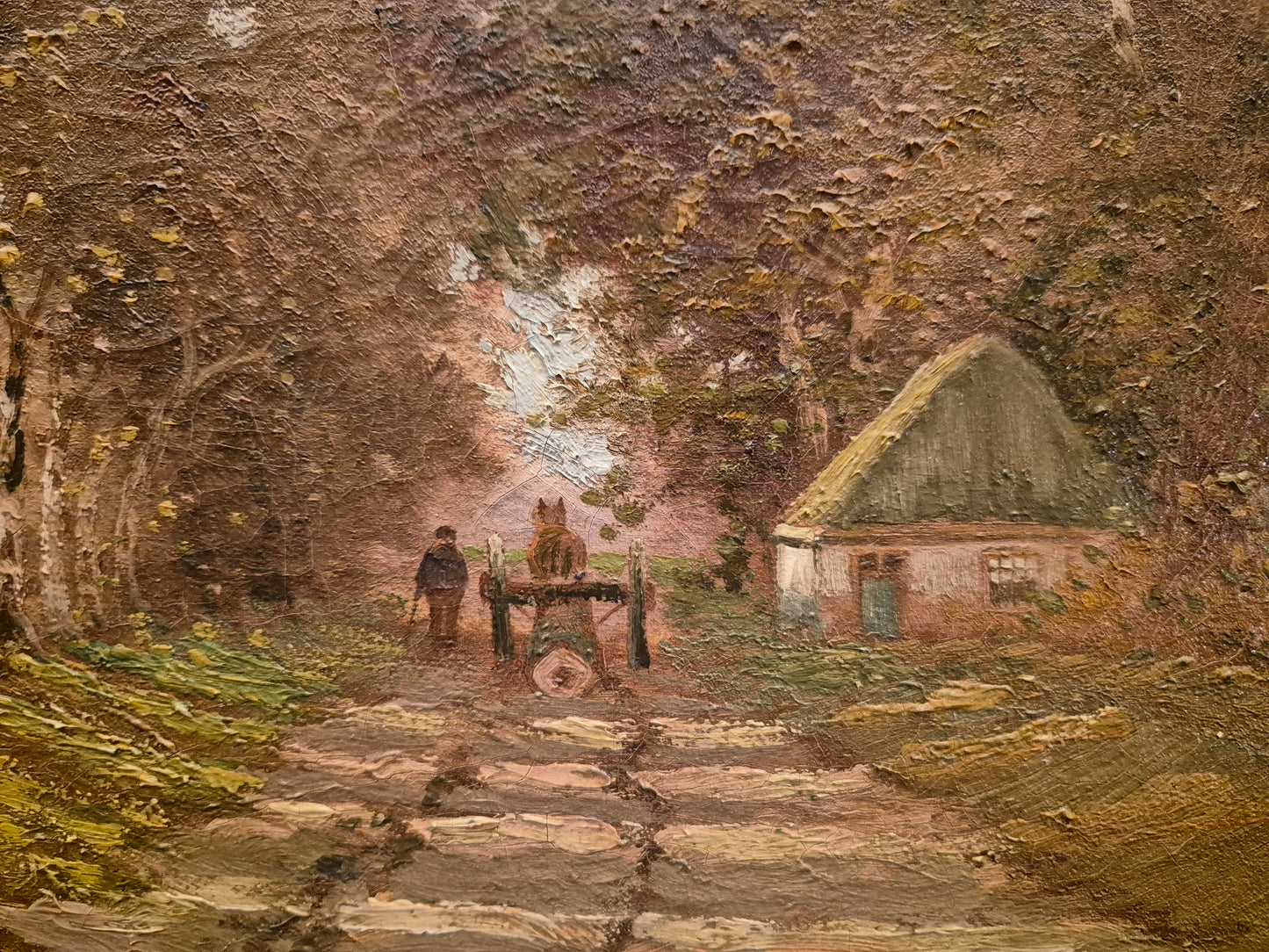 Europäische Schule 20. Jhrd. Ölgemälde Waldweg mit Haus 62x50 cm