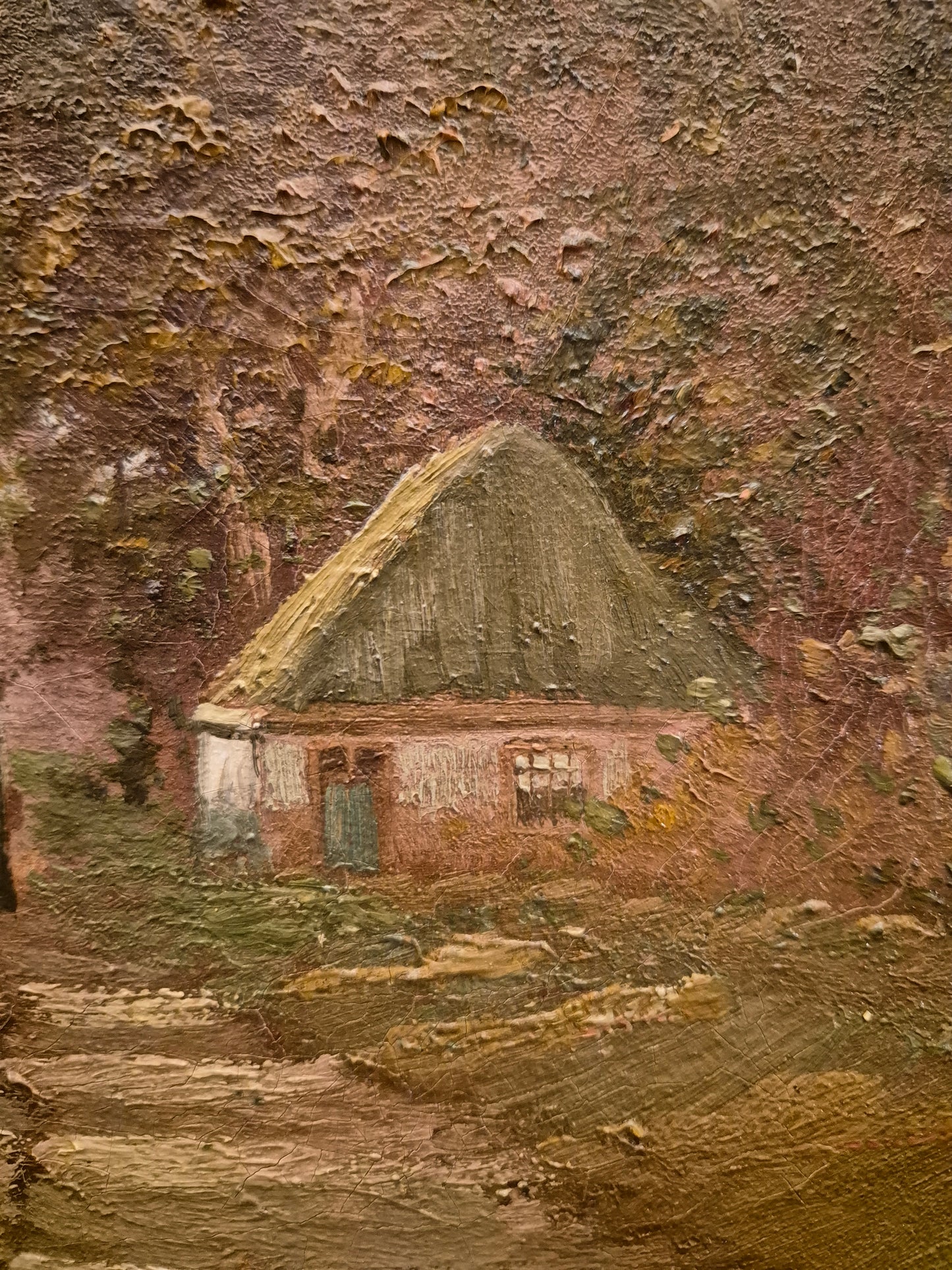 Europäische Schule 20. Jhrd. Ölgemälde Waldweg mit Haus 62x50 cm