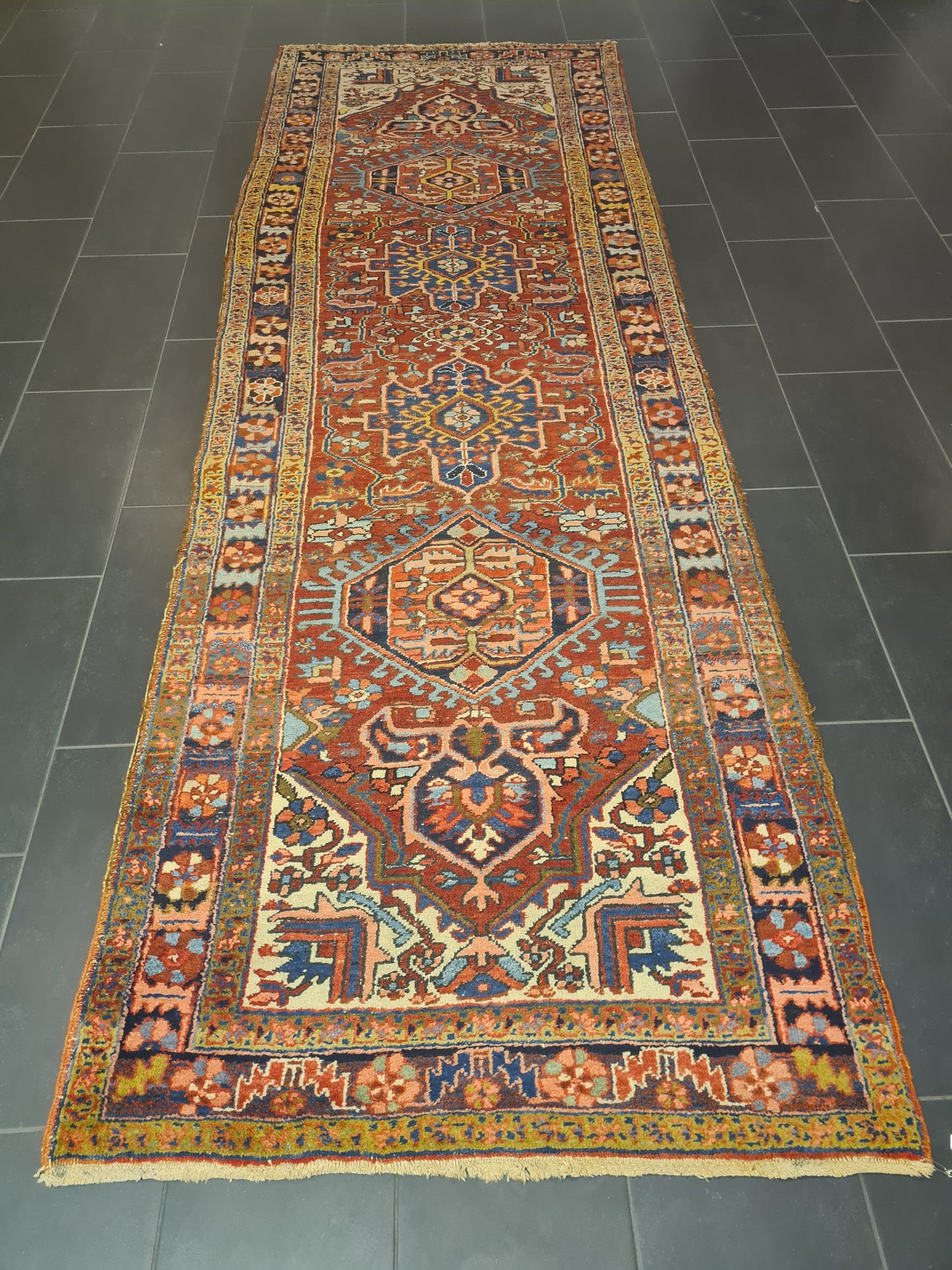 Perserteppich Orientteppich Antiker Teppich Handgeknüpfter Heris Läufer 367x120cm