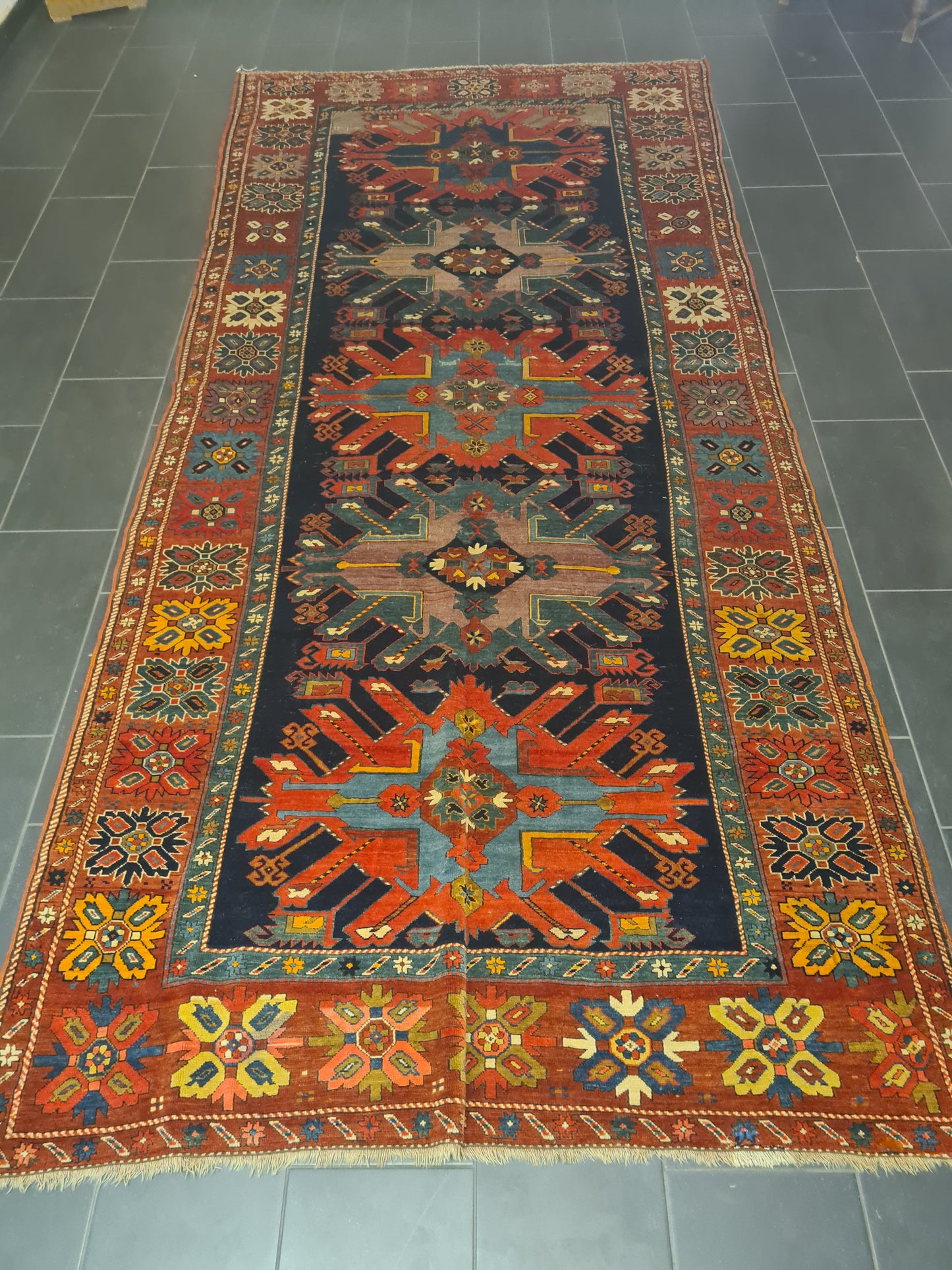 Orientteppich Antiker Teppich Handgeknüpfter Kazak Seltenes Sammlerstück 393x176cm