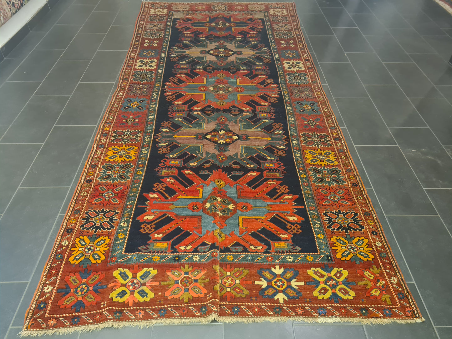 Orientteppich Antiker Teppich Handgeknüpfter Kazak Seltenes Sammlerstück 393x176cm