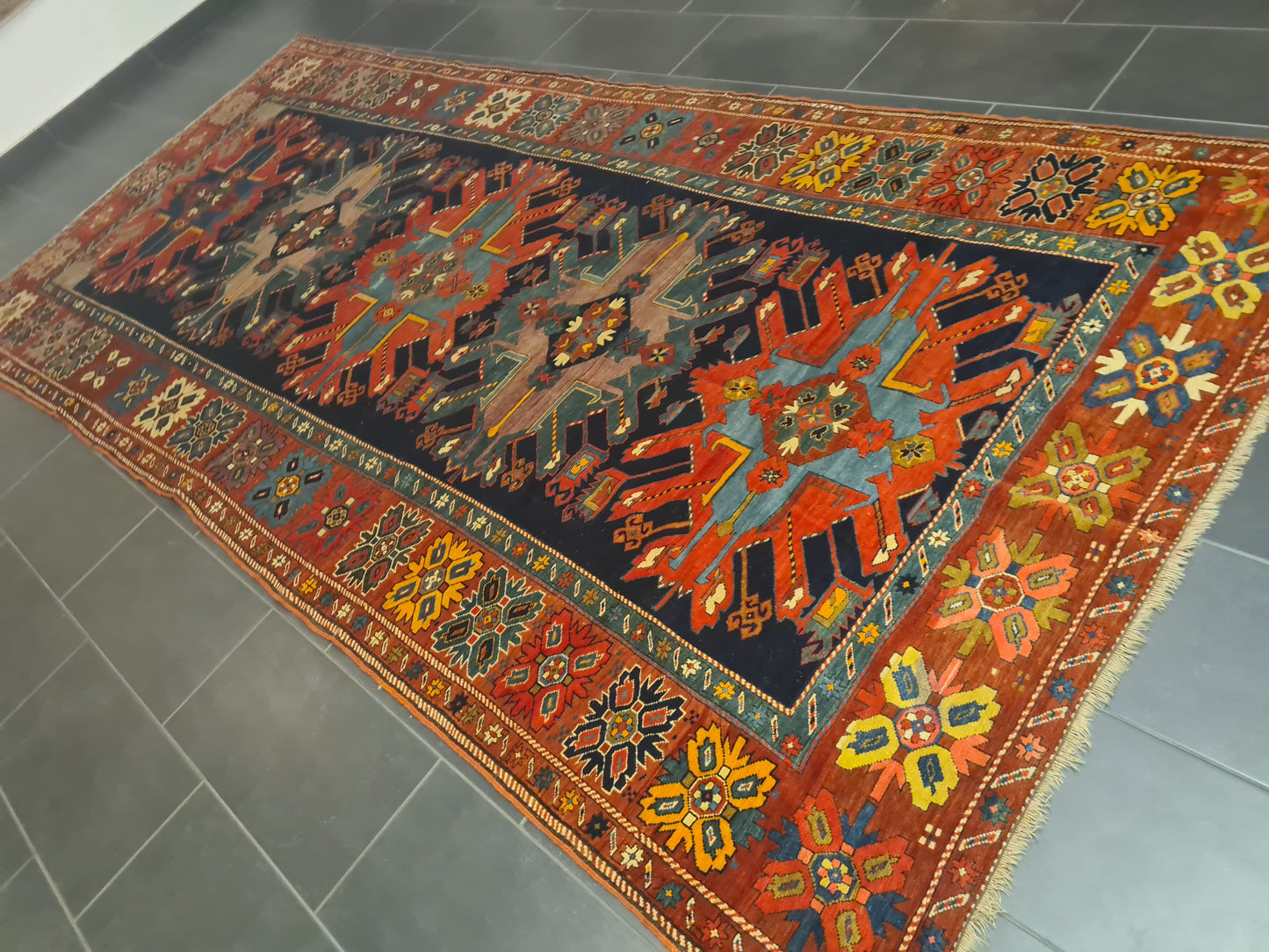 Orientteppich Antiker Teppich Handgeknüpfter Kazak Seltenes Sammlerstück 393x176cm