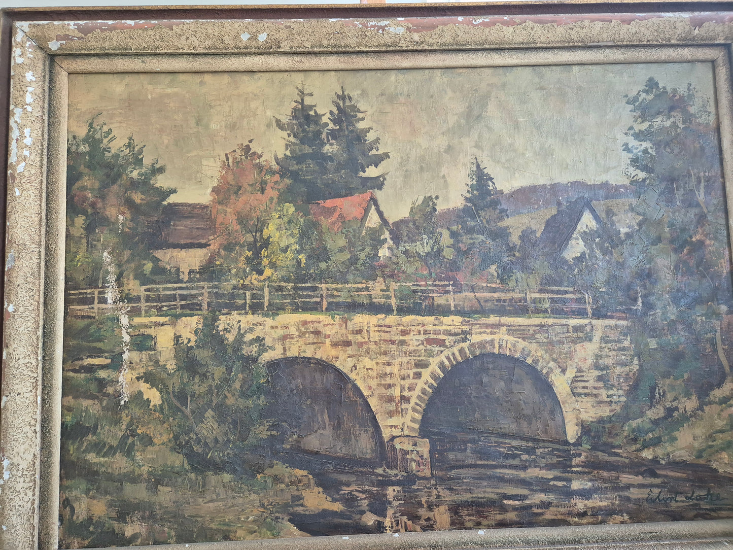 Ölgemälde Steinbrücke Europäische Schule 20. Jhrd. 52x45 cm