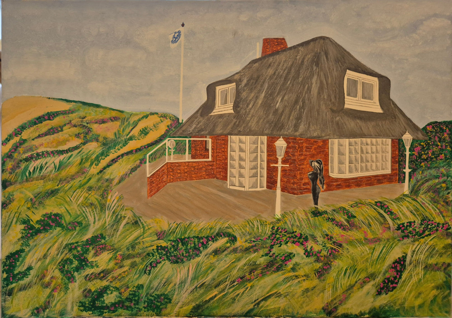 Europäische Schule 20. Jhrd. Ölgemälde Feld mit Gras und rotes Haus 70x50 cm