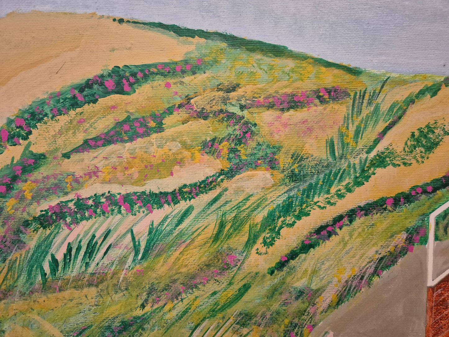 Europäische Schule 20. Jhrd. Ölgemälde Feld mit Gras und rotes Haus 70x50 cm