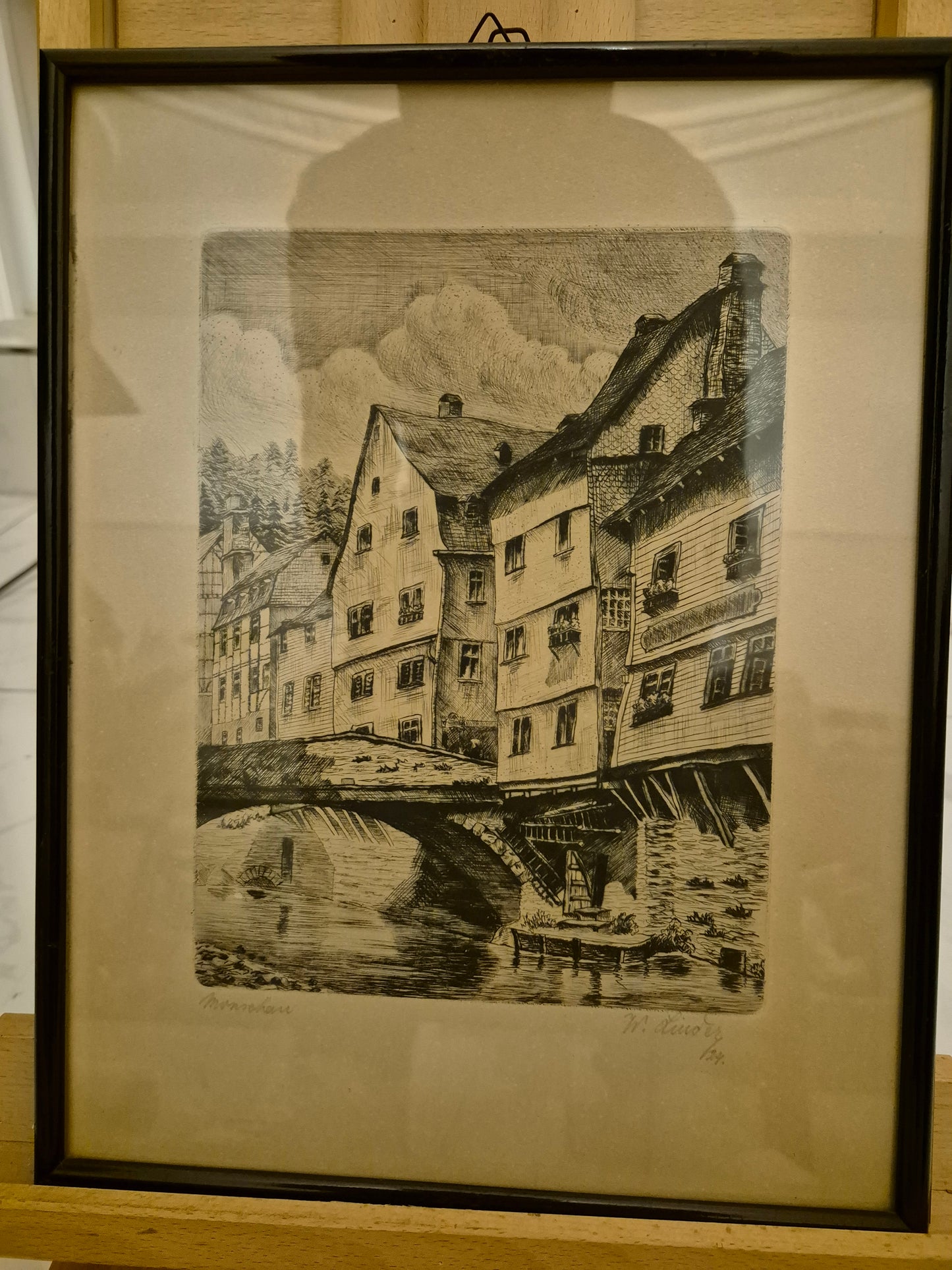 Radierung W. Lindez 1924 Monschau Brücke 28x36 cm