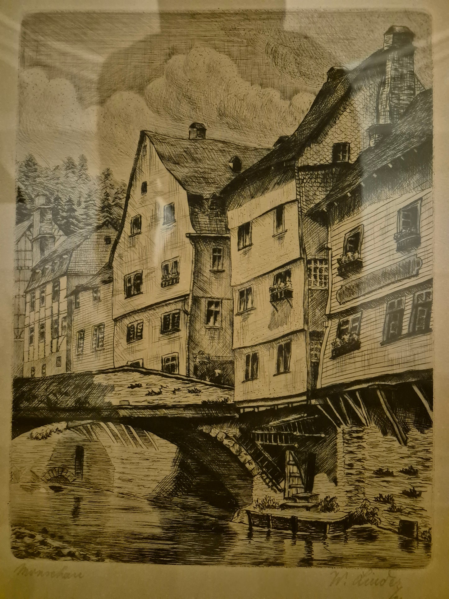 Radierung W. Lindez 1924 Monschau Brücke 28x36 cm