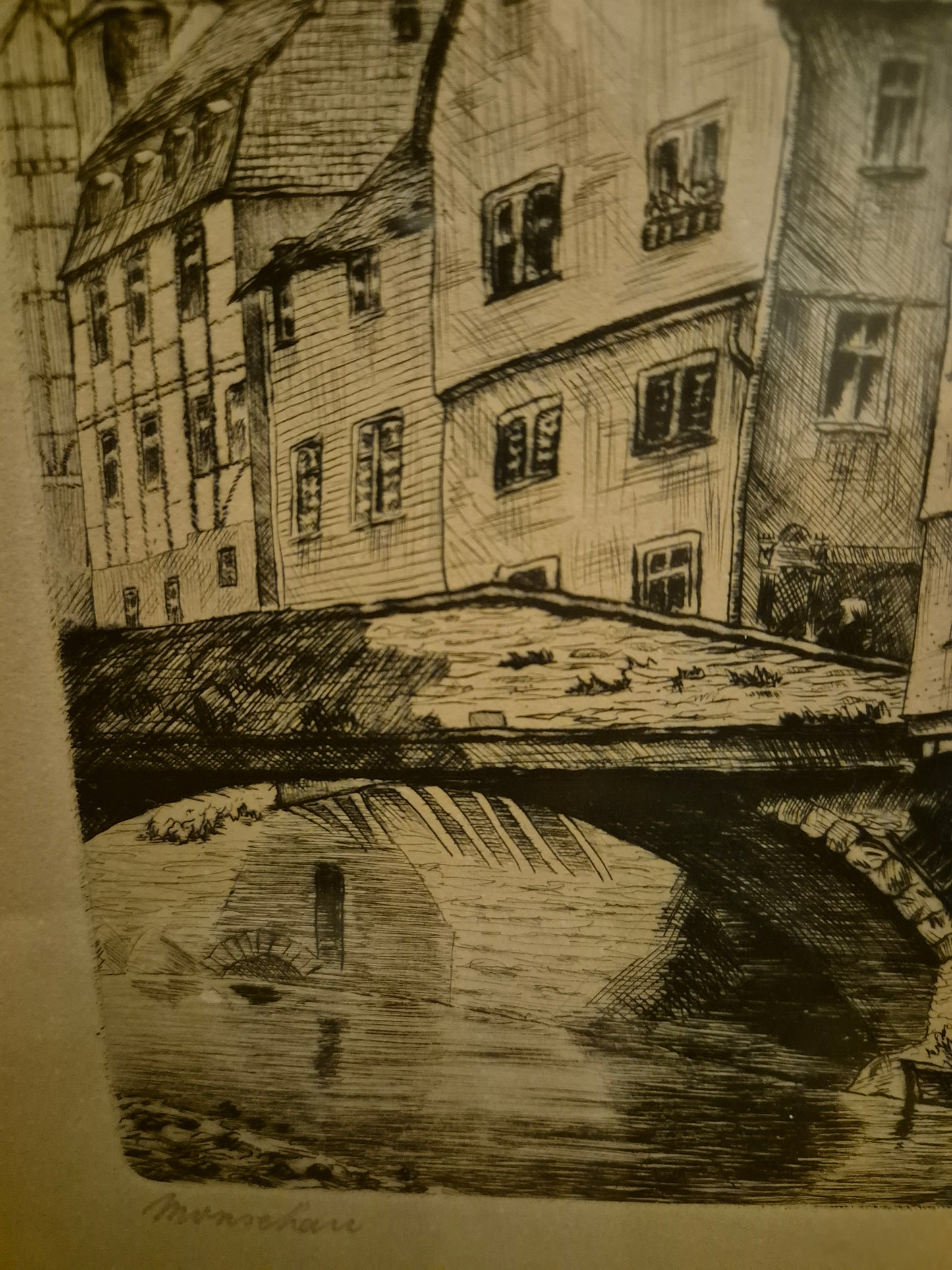 Radierung W. Lindez 1924 Monschau Brücke 28x36 cm