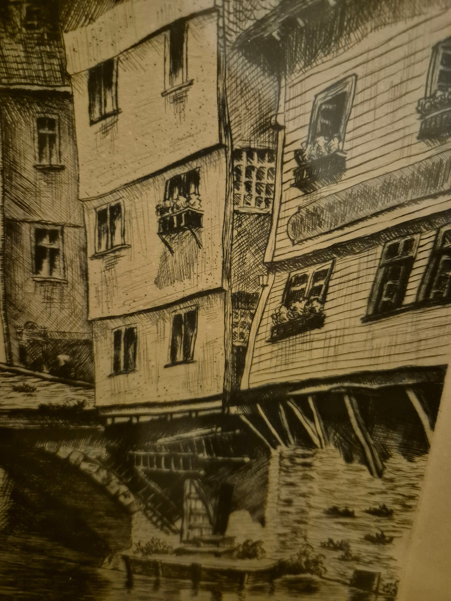 Radierung W. Lindez 1924 Monschau Brücke 28x36 cm