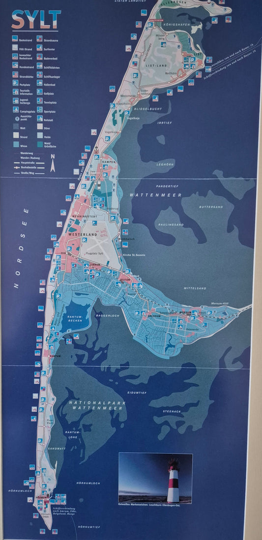 Poster Karte Insel Sylt 47x81 cm hinter Glas gerahmt