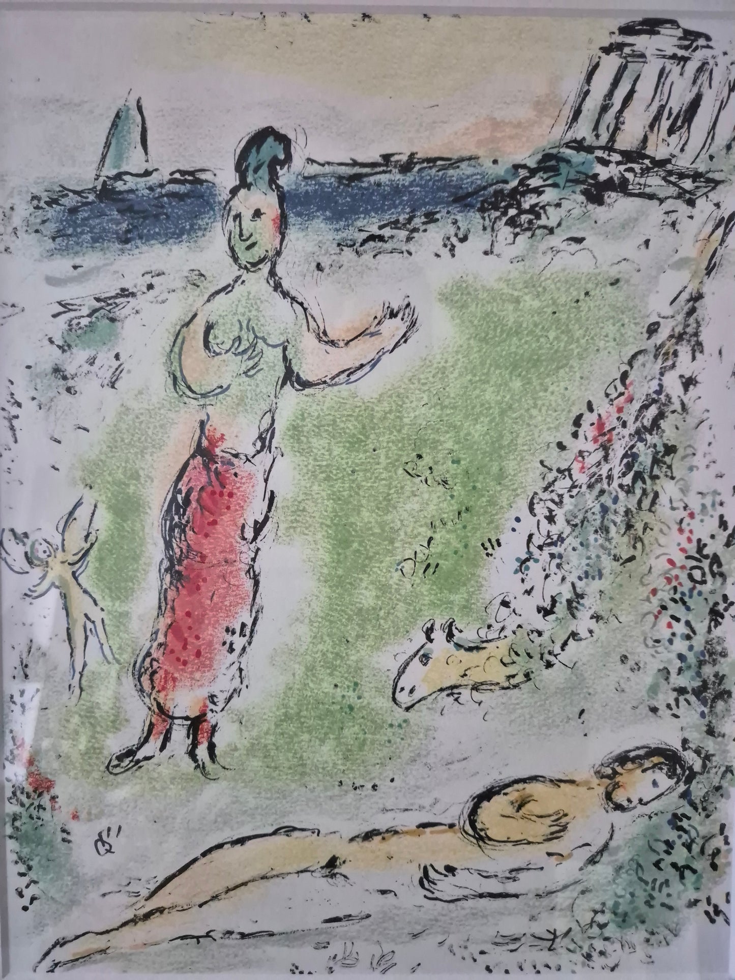 Lithographie Marc Chagall Athene senkt Odysseus in den Schlaf 46x54 cm