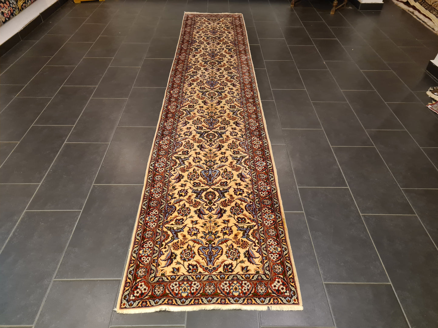 Perserteppich Orientteppich Handgeknüpfter Teppich Isfahan Läufer Seide 400x80cm