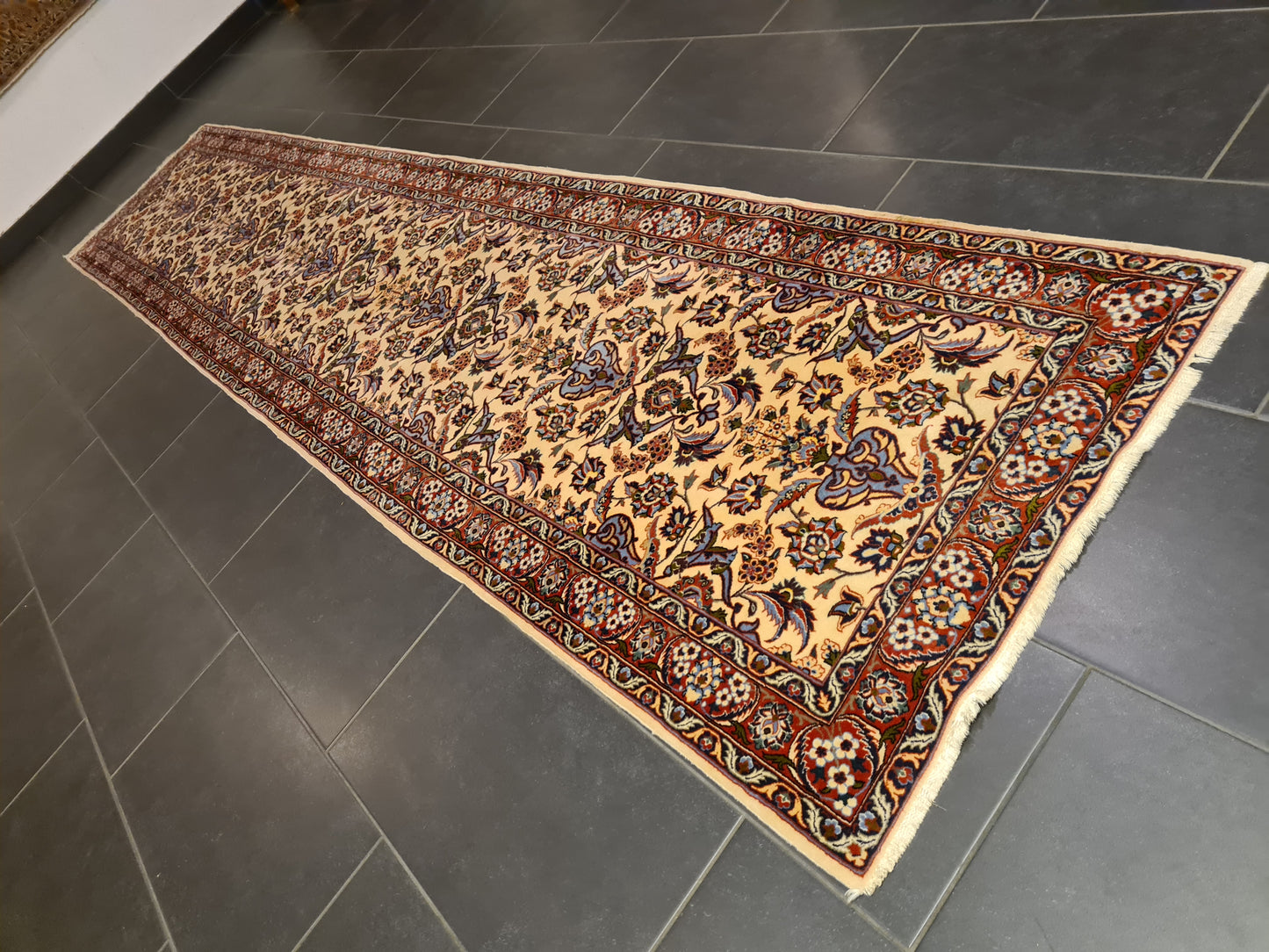 Perserteppich Orientteppich Handgeknüpfter Teppich Isfahan Läufer Seide 400x80cm