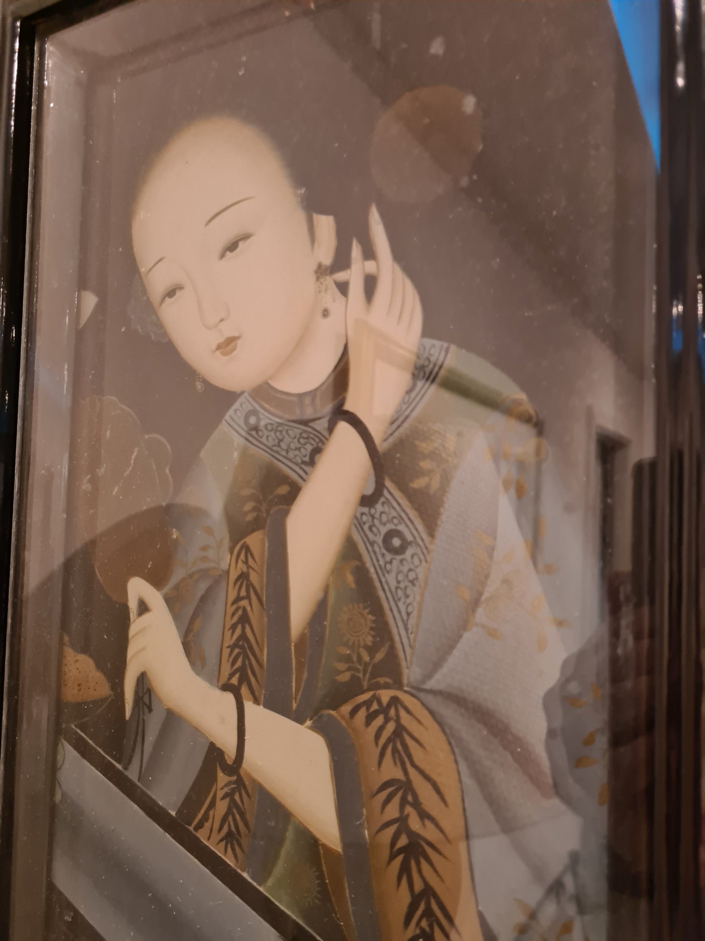 Antikes chinesisches Export Reverse Gemälde auf Glas Eine Dame 52x28cm