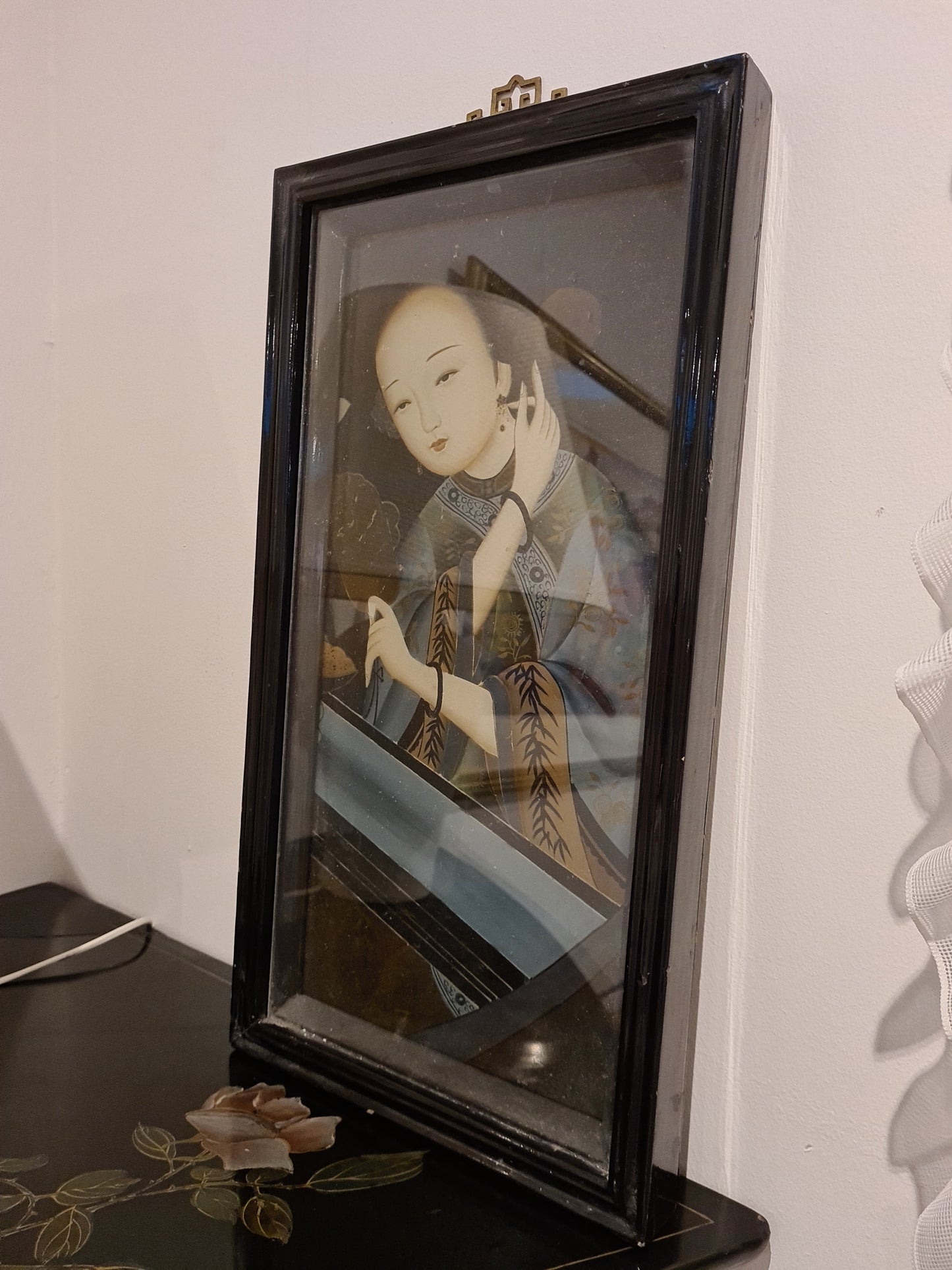 Antikes chinesisches Export Reverse Gemälde auf Glas Eine Dame 52x28cm