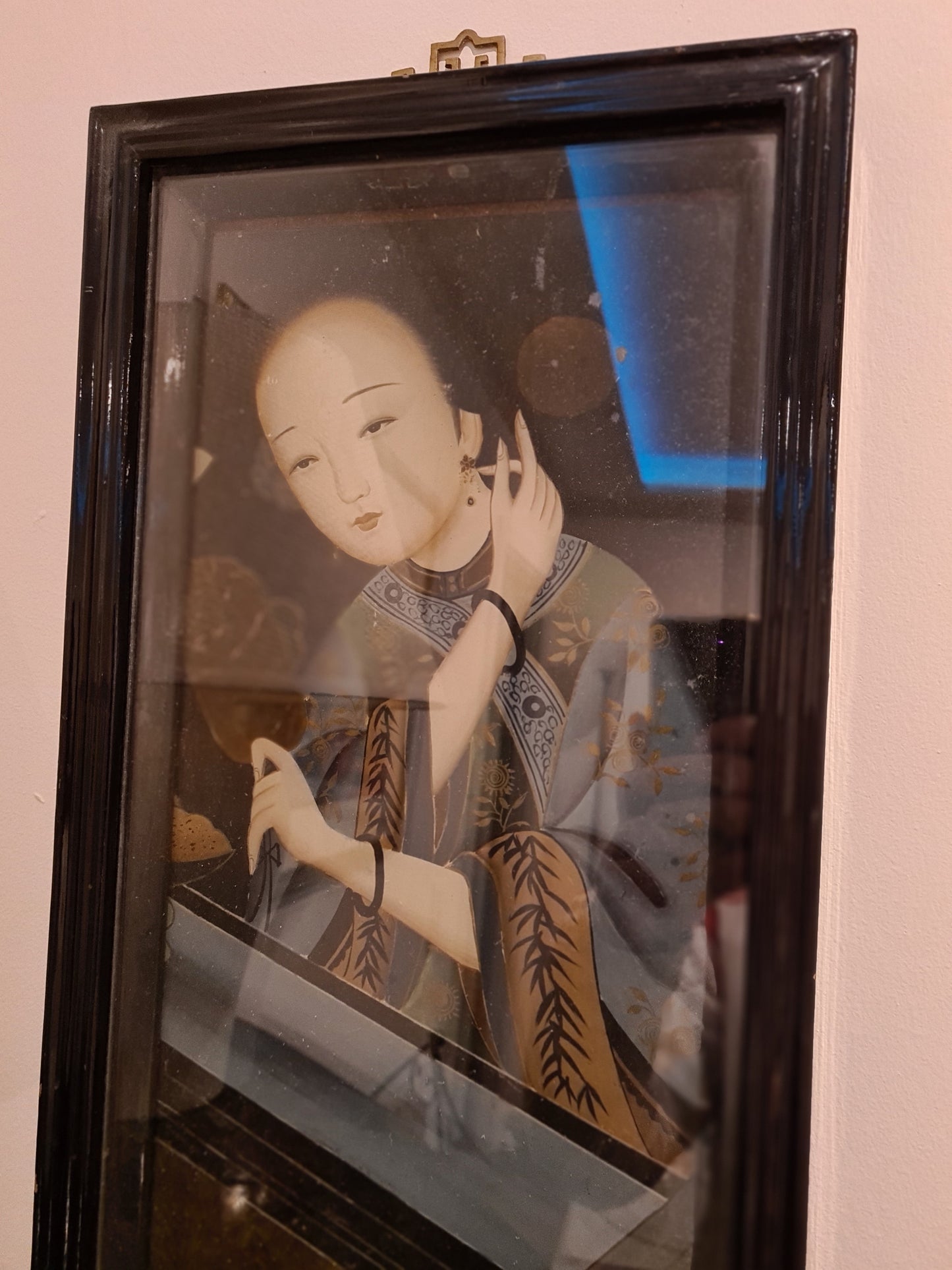 Antikes chinesisches Export Reverse Gemälde auf Glas Eine Dame 52x28cm