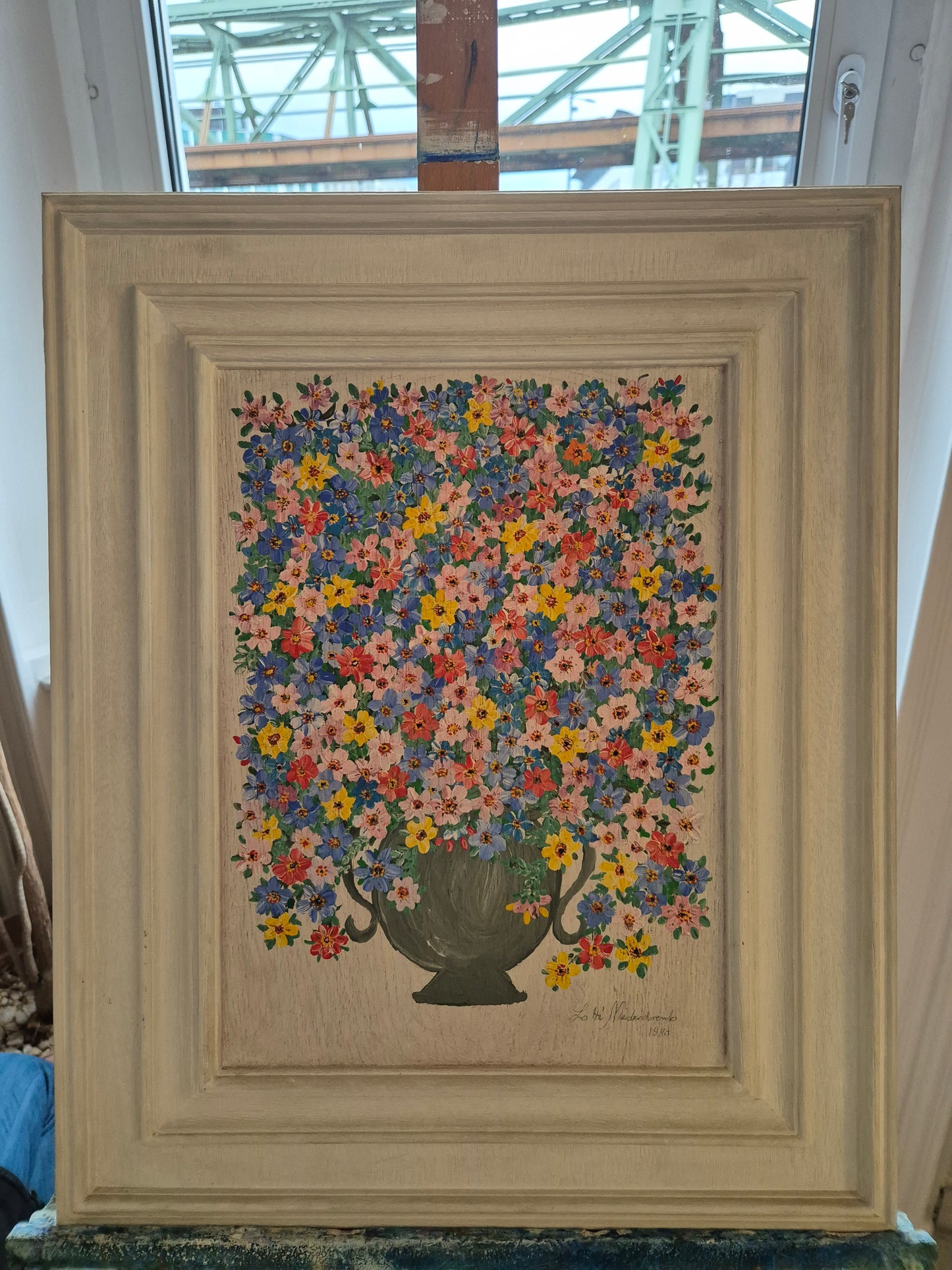 Deutsche Schule (XX) Acrylgemälde Kräftiges Blumenstillleben 56x46cm