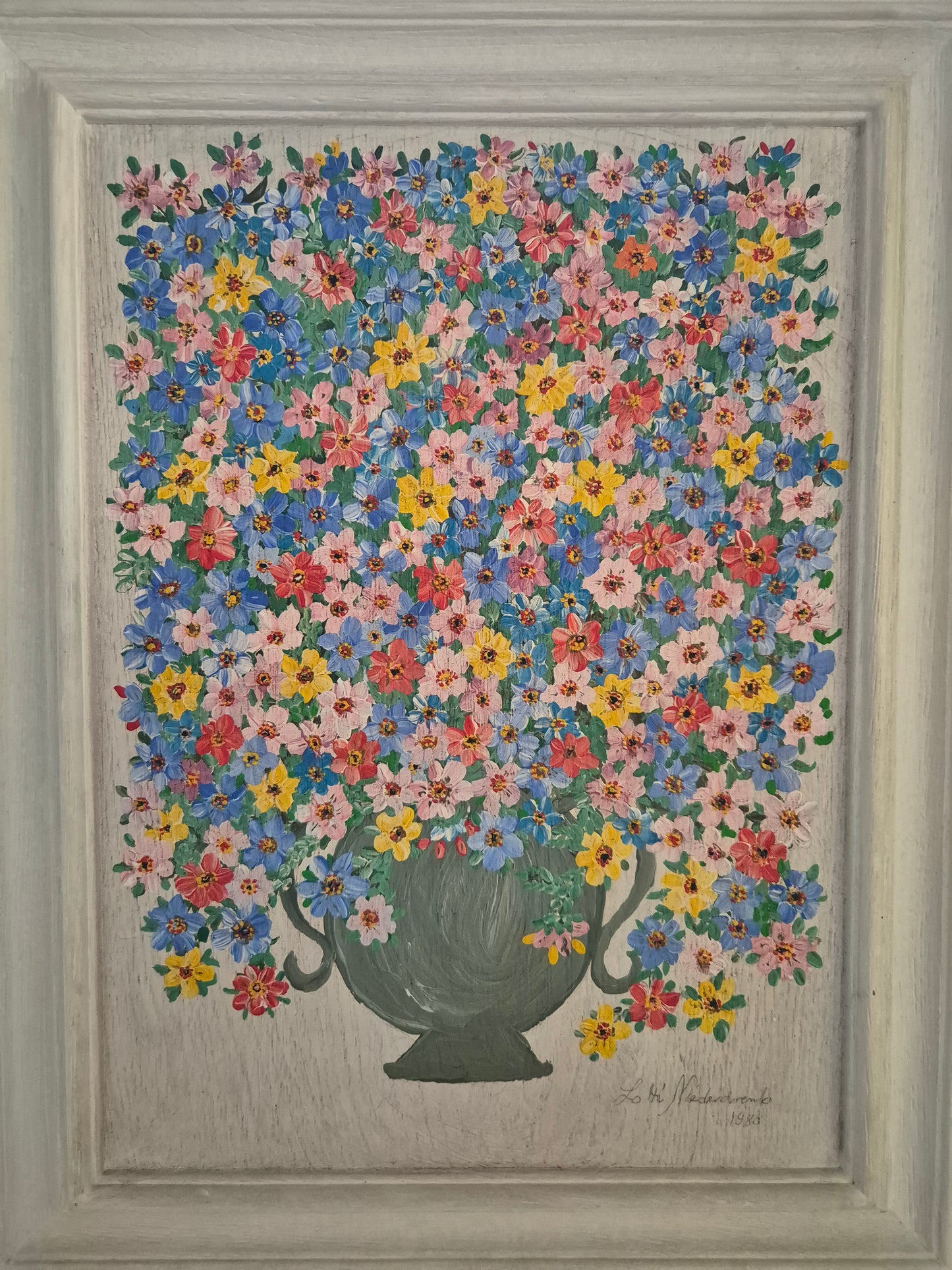 Deutsche Schule (XX) Acrylgemälde Kräftiges Blumenstillleben 56x46cm