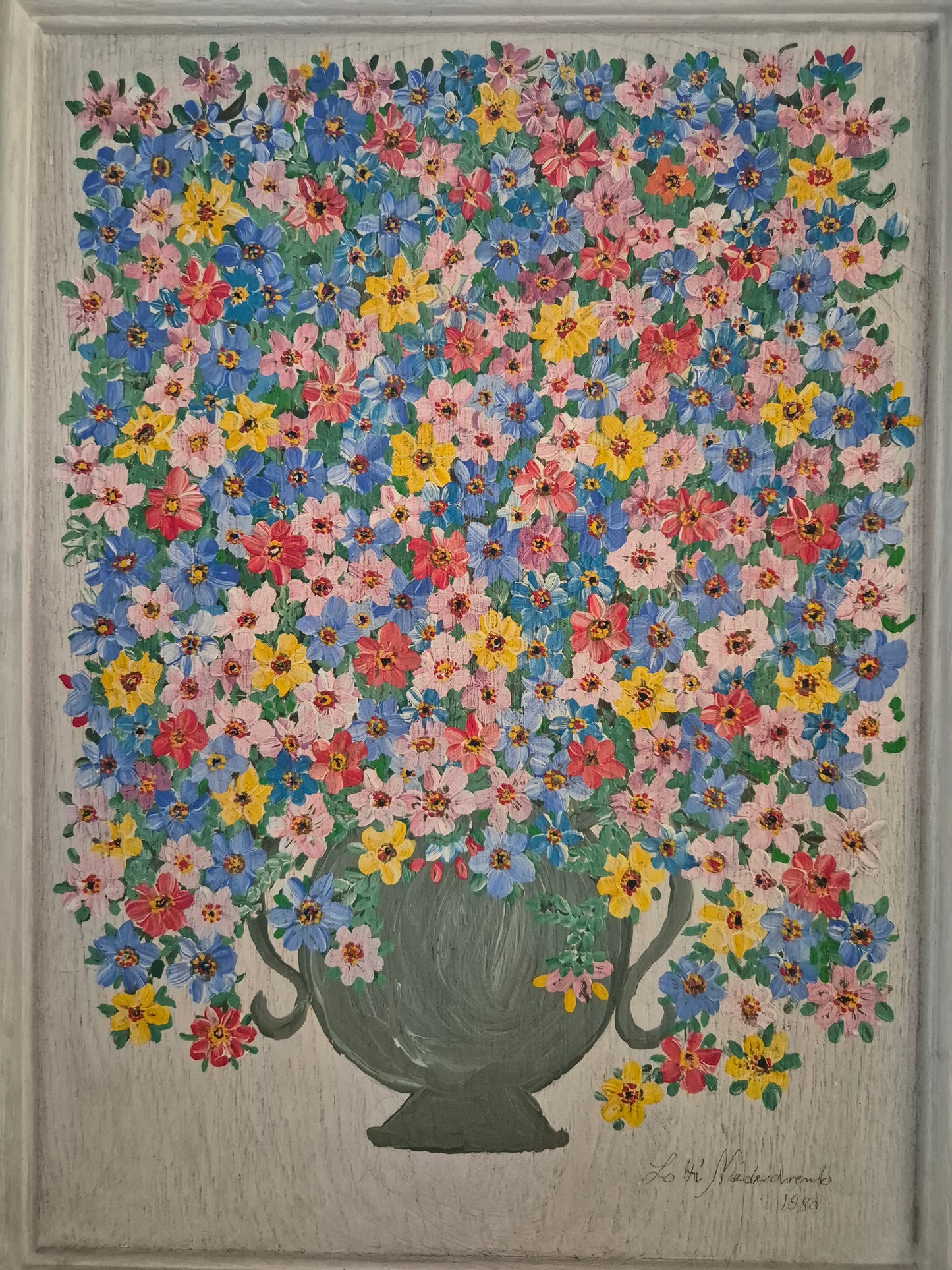 Deutsche Schule (XX) Acrylgemälde Kräftiges Blumenstillleben 56x46cm