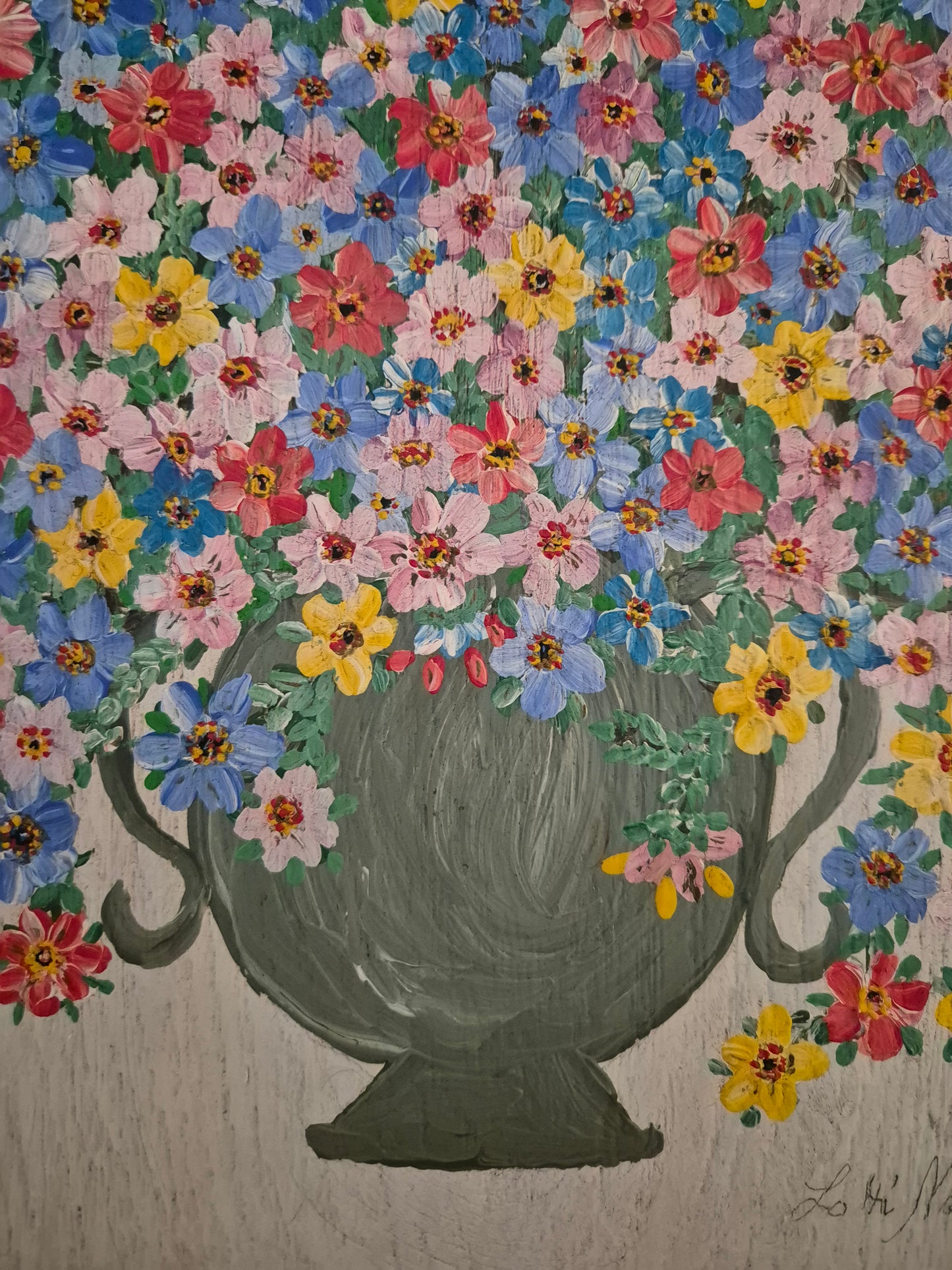 Deutsche Schule (XX) Acrylgemälde Kräftiges Blumenstillleben 56x46cm