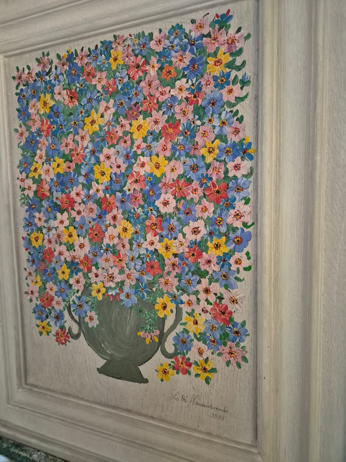 Deutsche Schule (XX) Acrylgemälde Kräftiges Blumenstillleben 56x46cm