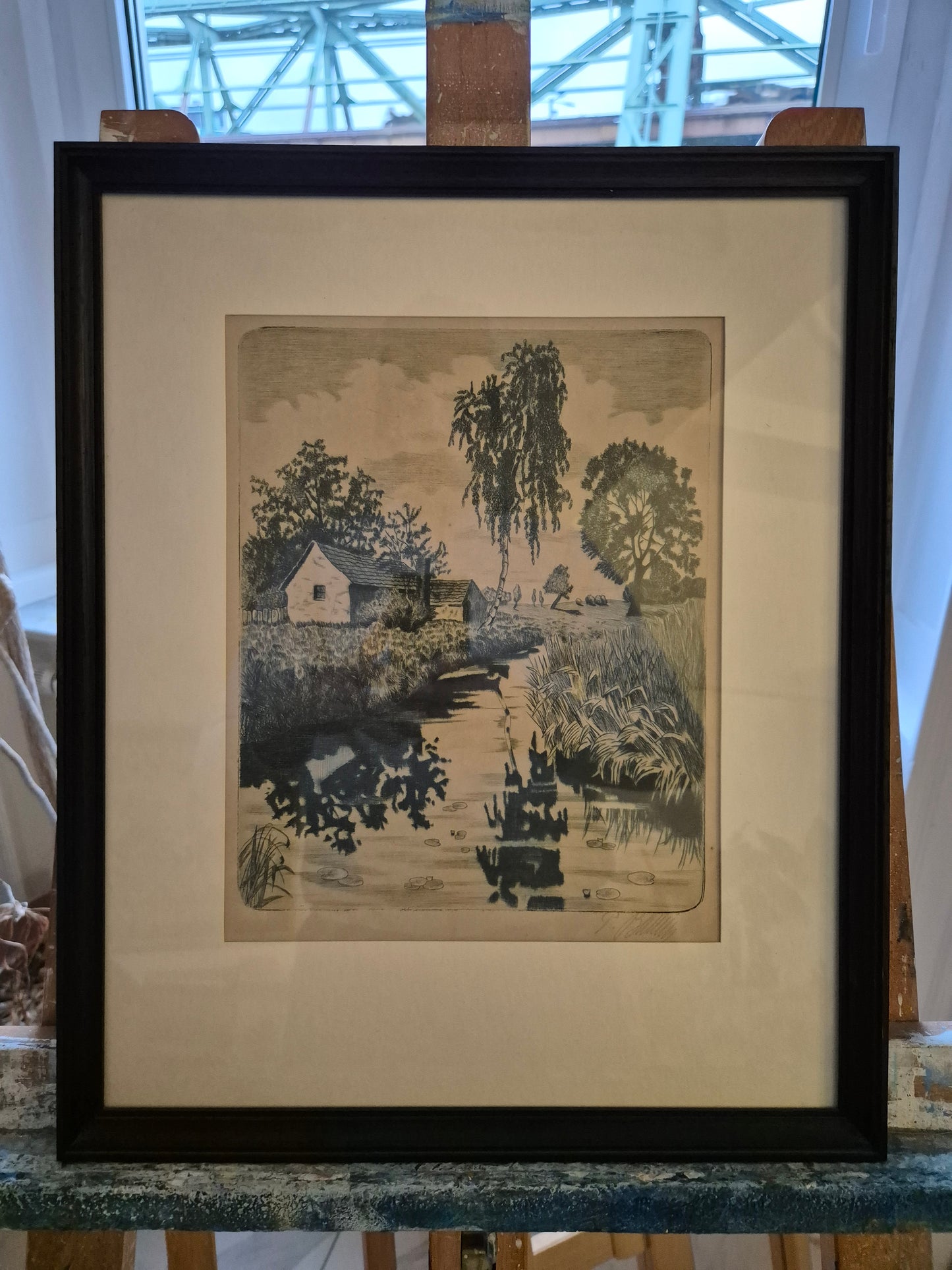 Original Grafik (XX) Lithographie Handsigniert Landschaft Idylle mit Fluss