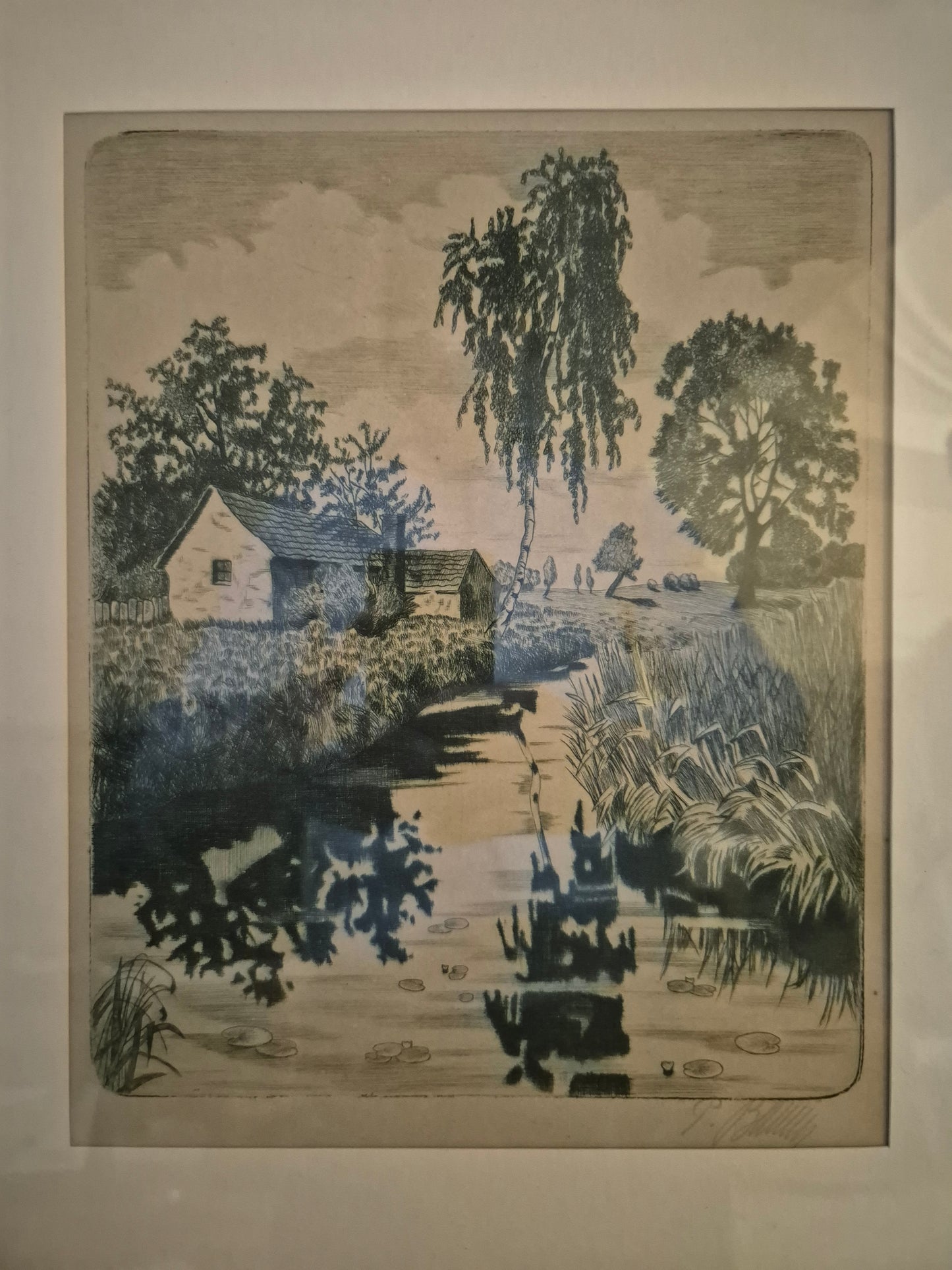 Original Grafik (XX) Lithographie Handsigniert Landschaft Idylle mit Fluss