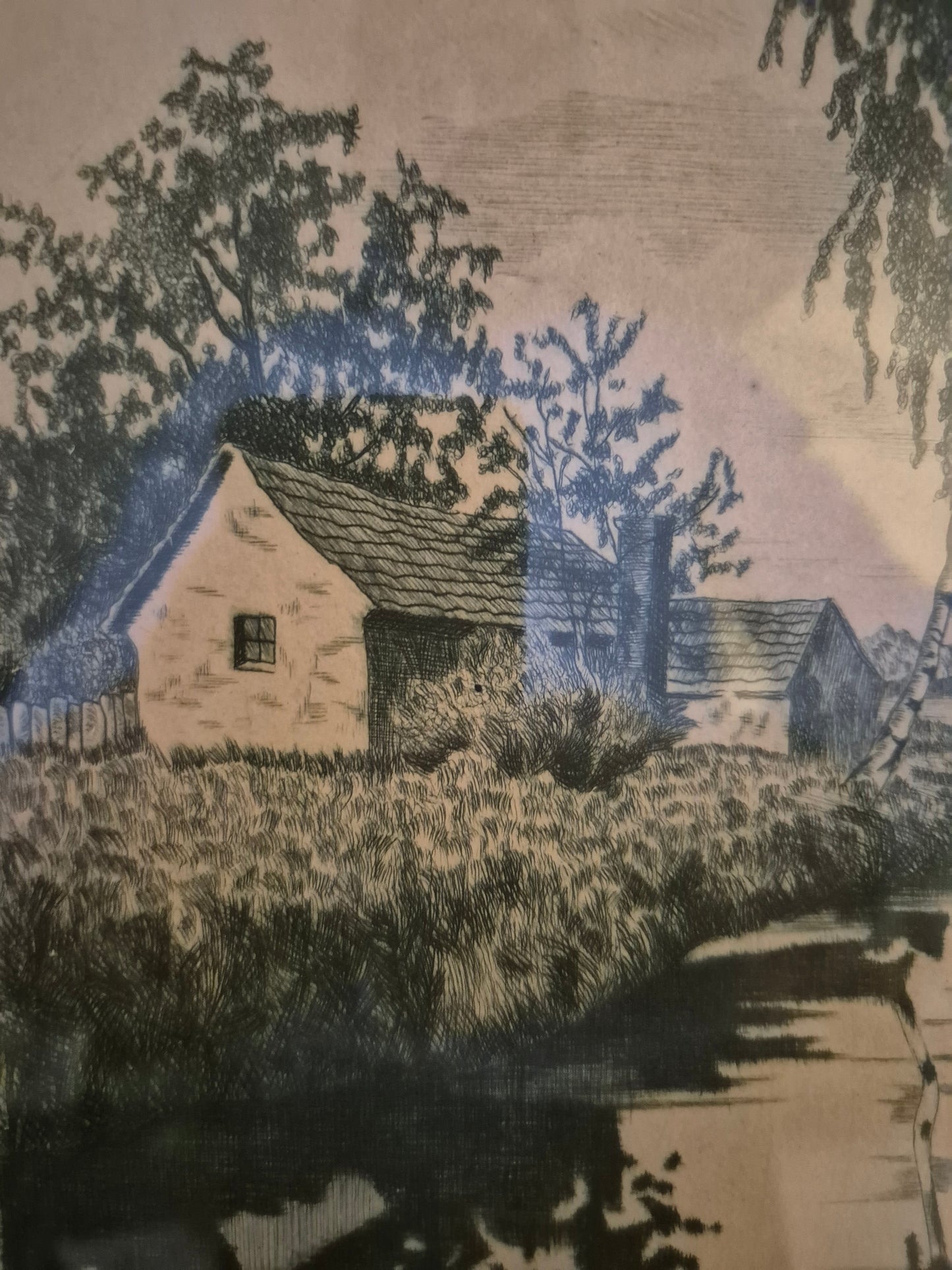 Original Grafik (XX) Lithographie Handsigniert Landschaft Idylle mit Fluss