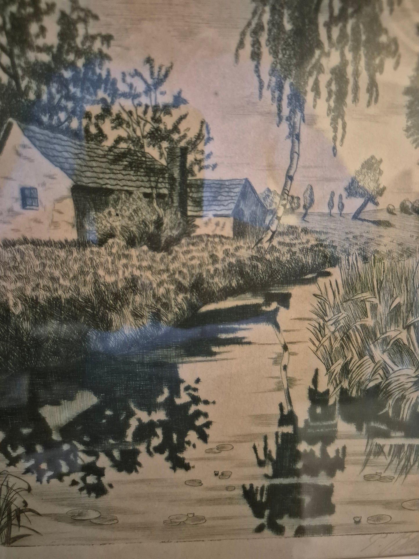 Original Grafik (XX) Lithographie Handsigniert Landschaft Idylle mit Fluss