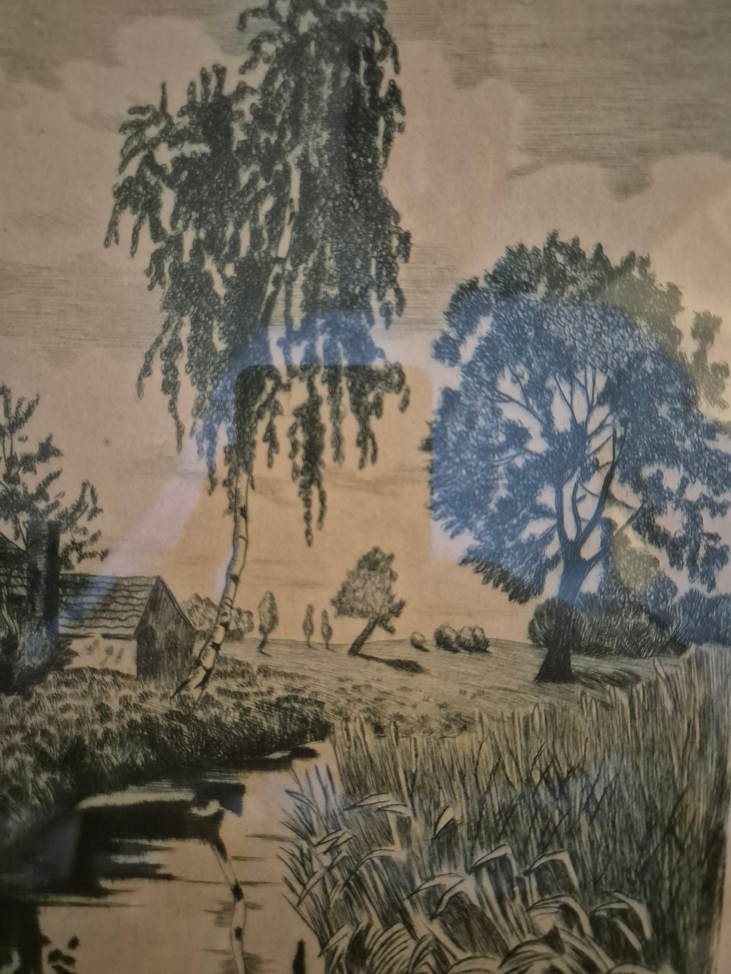 Original Grafik (XX) Lithographie Handsigniert Landschaft Idylle mit Fluss