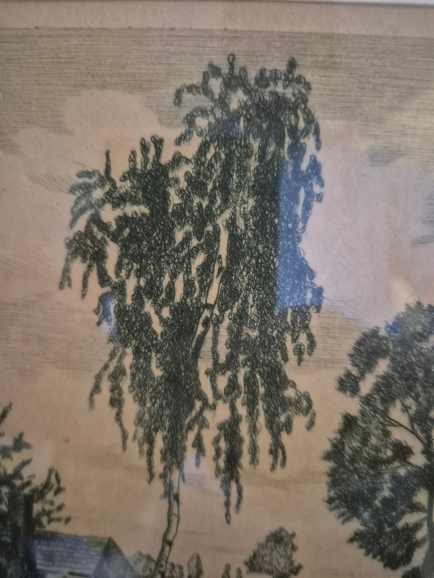 Original Grafik (XX) Lithographie Handsigniert Landschaft Idylle mit Fluss