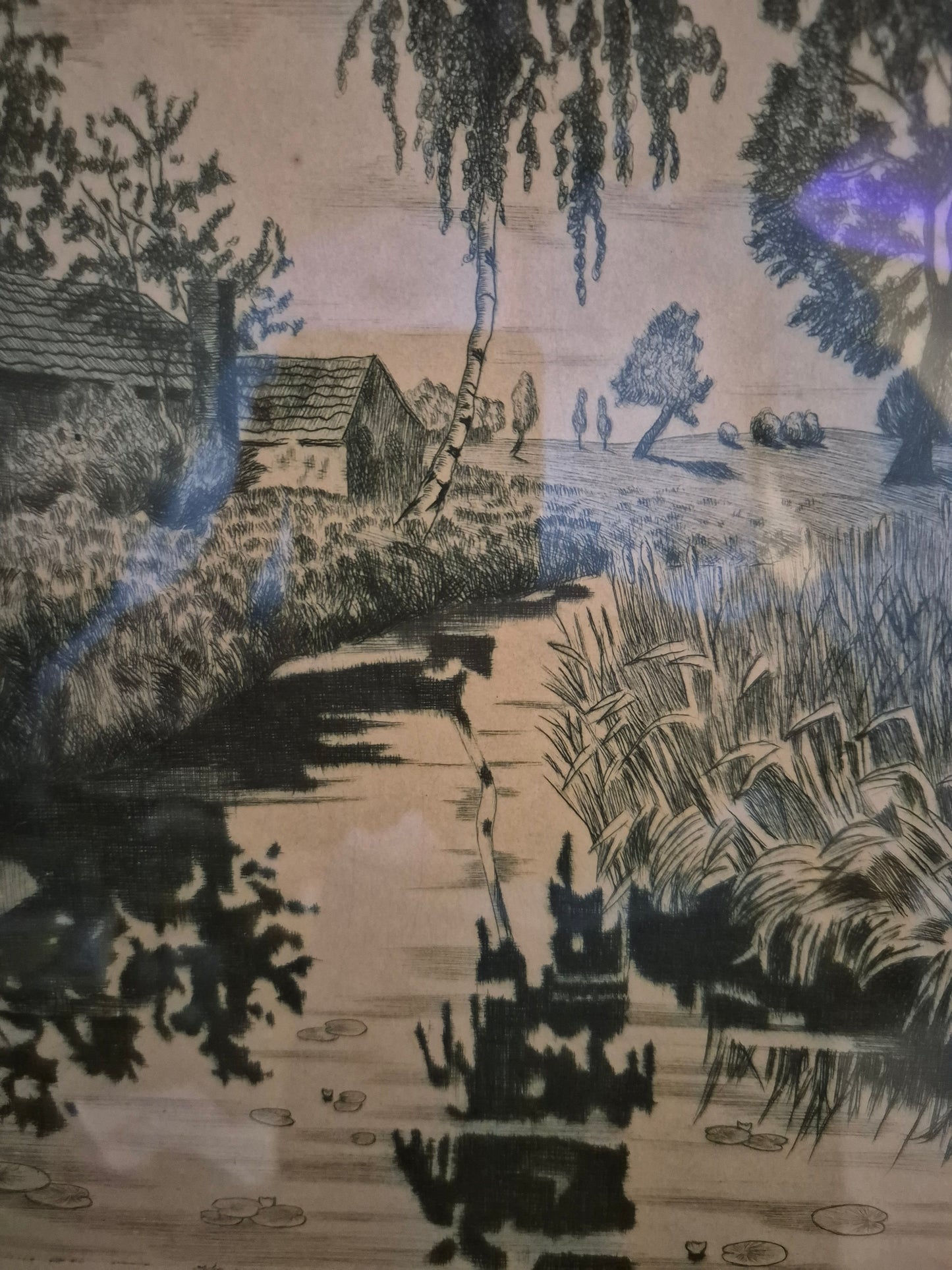 Original Grafik (XX) Lithographie Handsigniert Landschaft Idylle mit Fluss