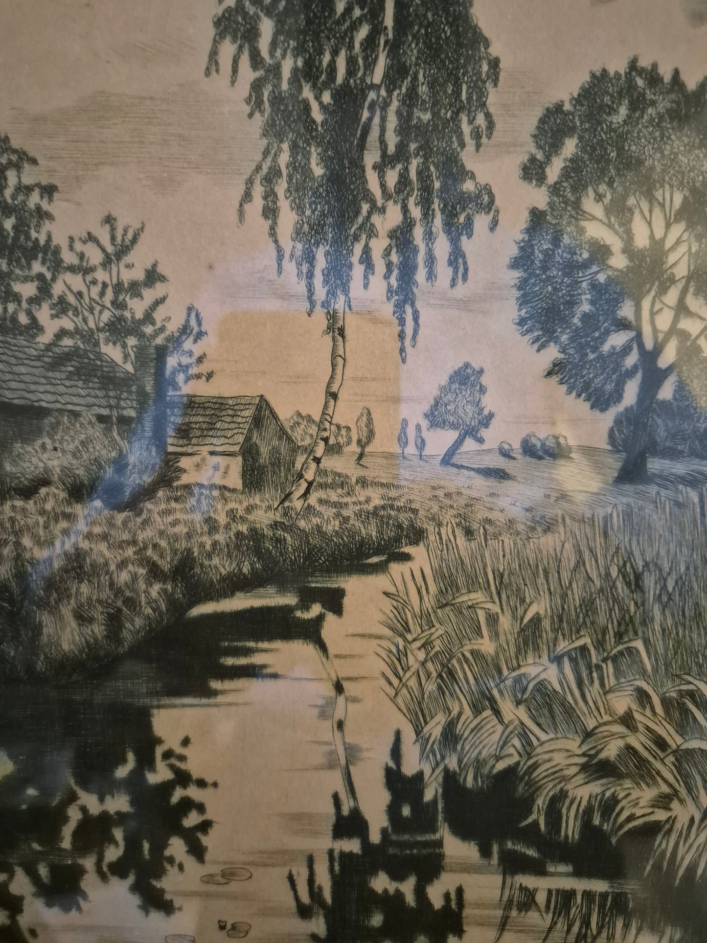 Original Grafik (XX) Lithographie Handsigniert Landschaft Idylle mit Fluss