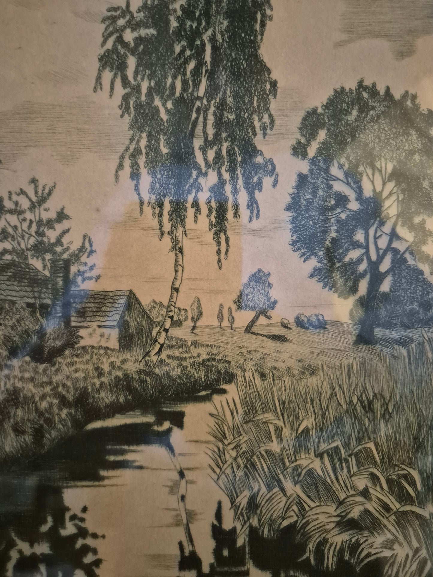 Original Grafik (XX) Lithographie Handsigniert Landschaft Idylle mit Fluss