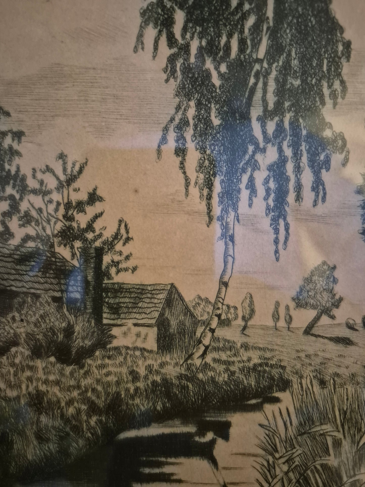 Original Grafik (XX) Lithographie Handsigniert Landschaft Idylle mit Fluss