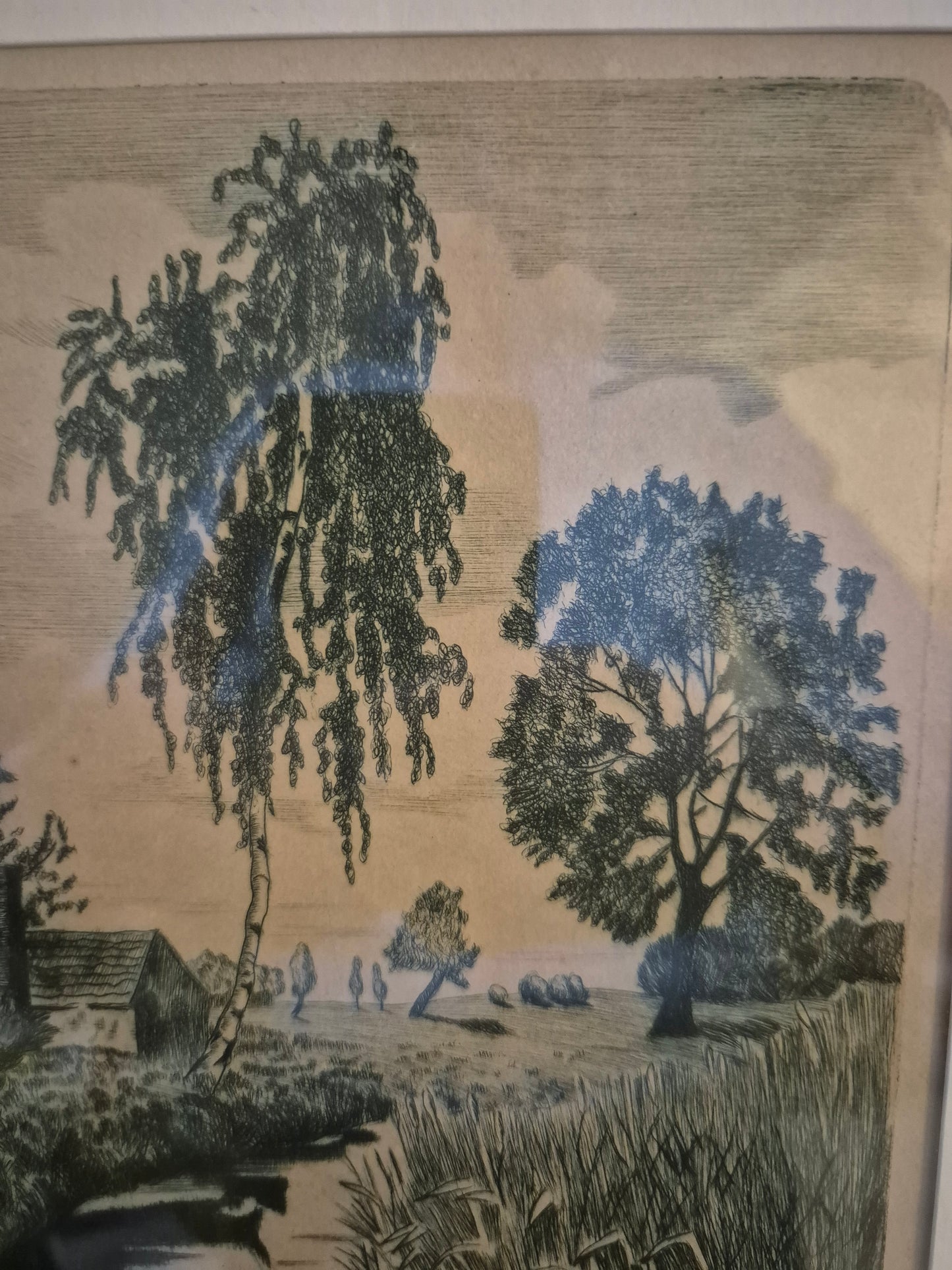 Original Grafik (XX) Lithographie Handsigniert Landschaft Idylle mit Fluss