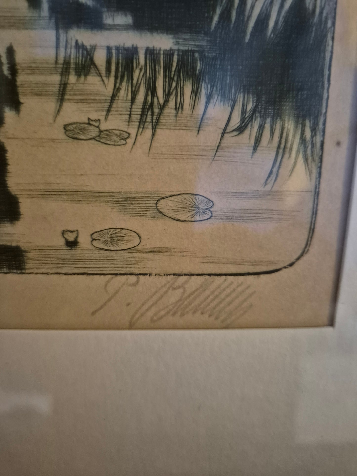 Original Grafik (XX) Lithographie Handsigniert Landschaft Idylle mit Fluss