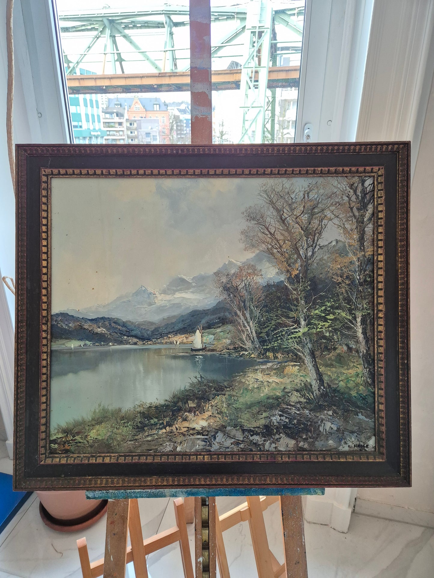 Ölgemälde Landschaft mit See Europäische Schule (XX) Handsigniert