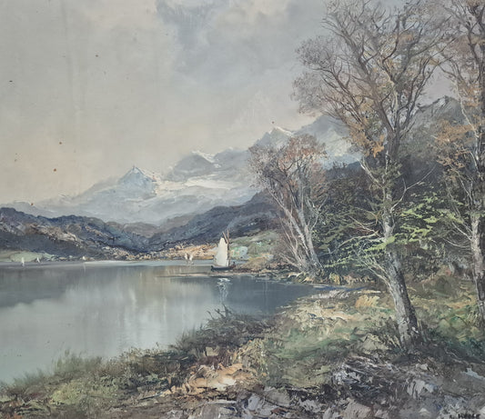 Ölgemälde Landschaft mit See Europäische Schule (XX) Handsigniert