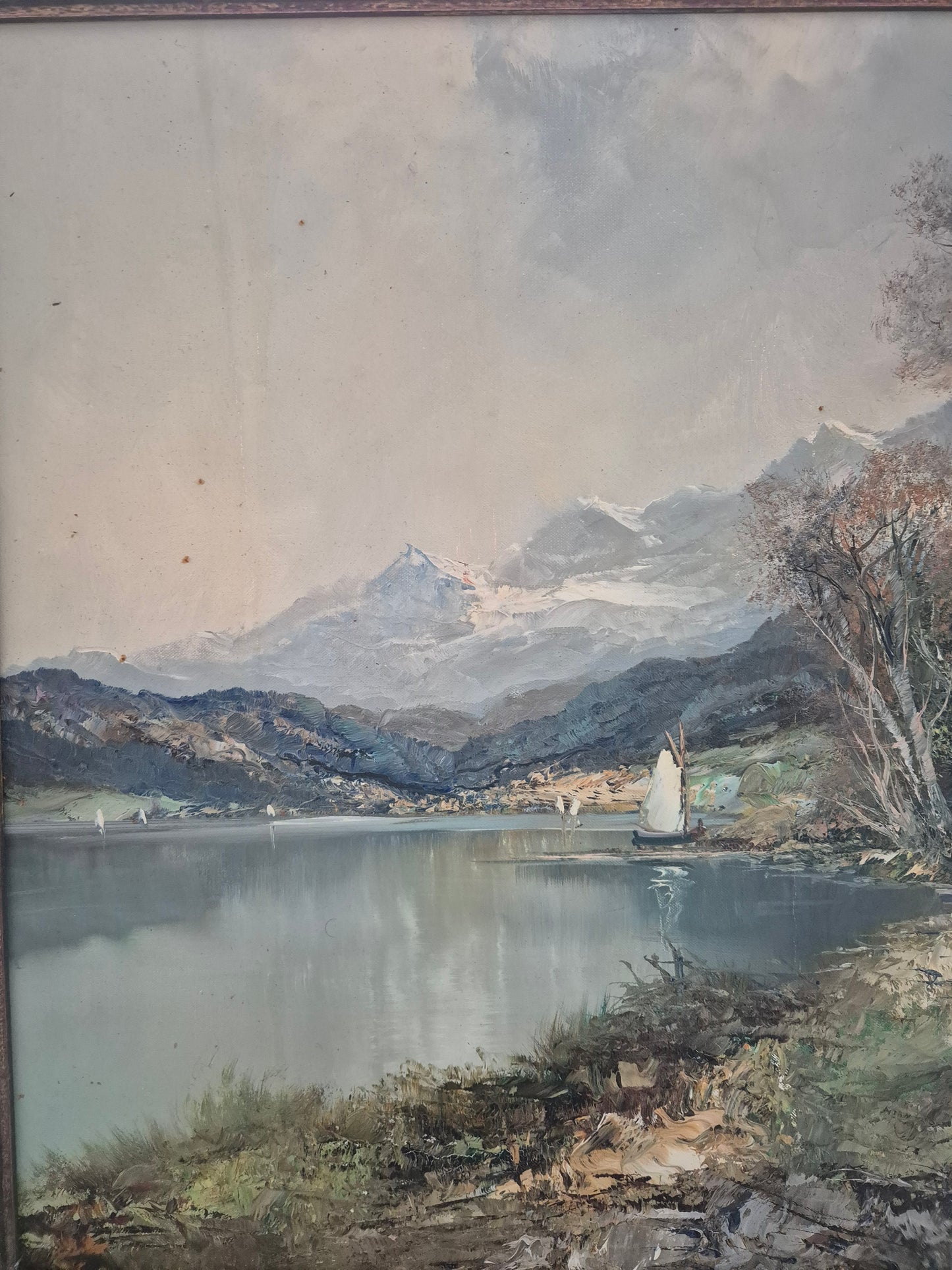 Ölgemälde Landschaft mit See Europäische Schule (XX) Handsigniert