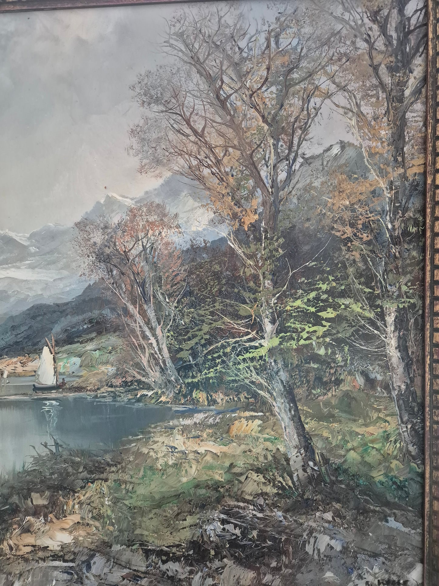 Ölgemälde Landschaft mit See Europäische Schule (XX) Handsigniert