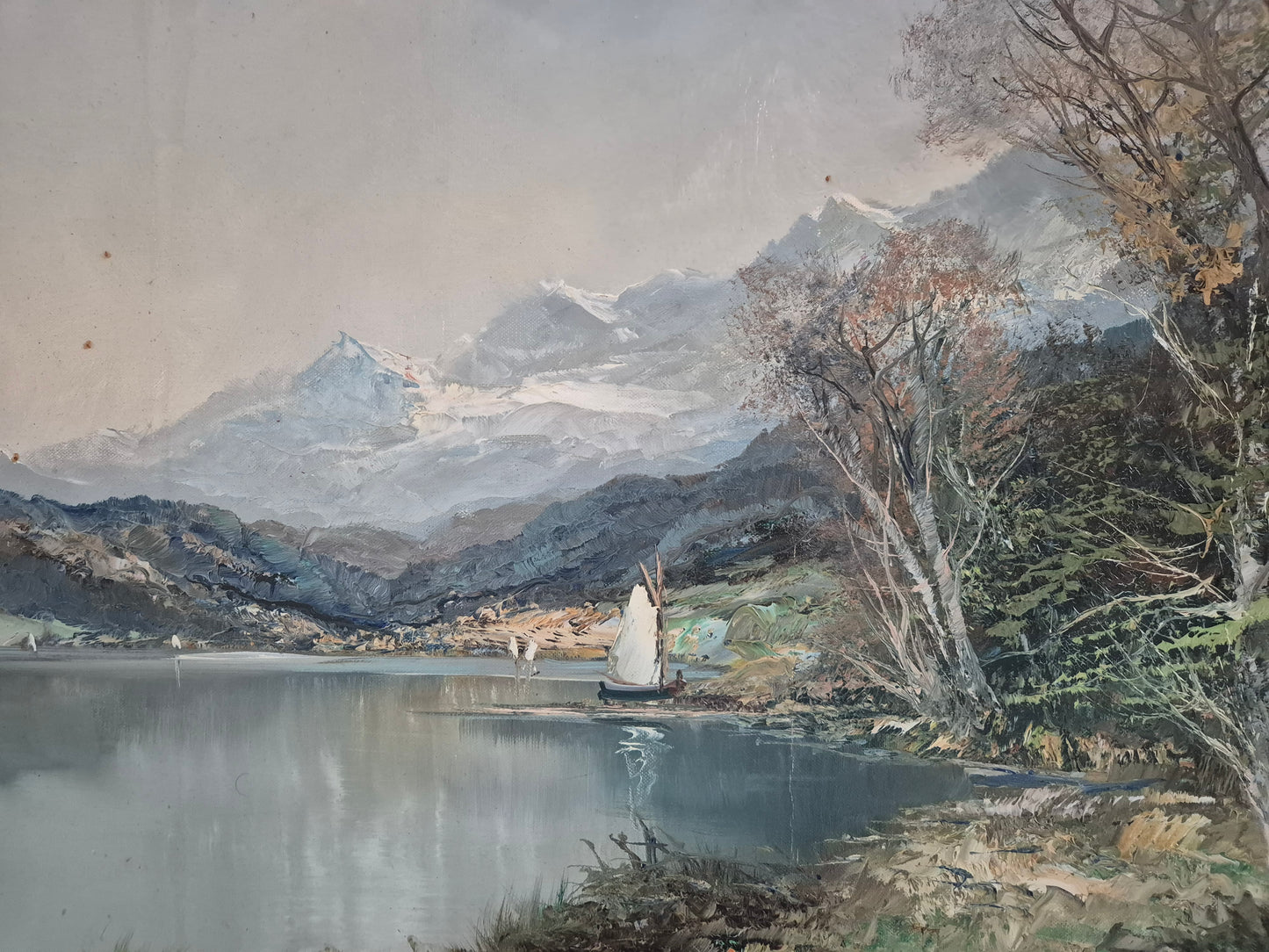 Ölgemälde Landschaft mit See Europäische Schule (XX) Handsigniert