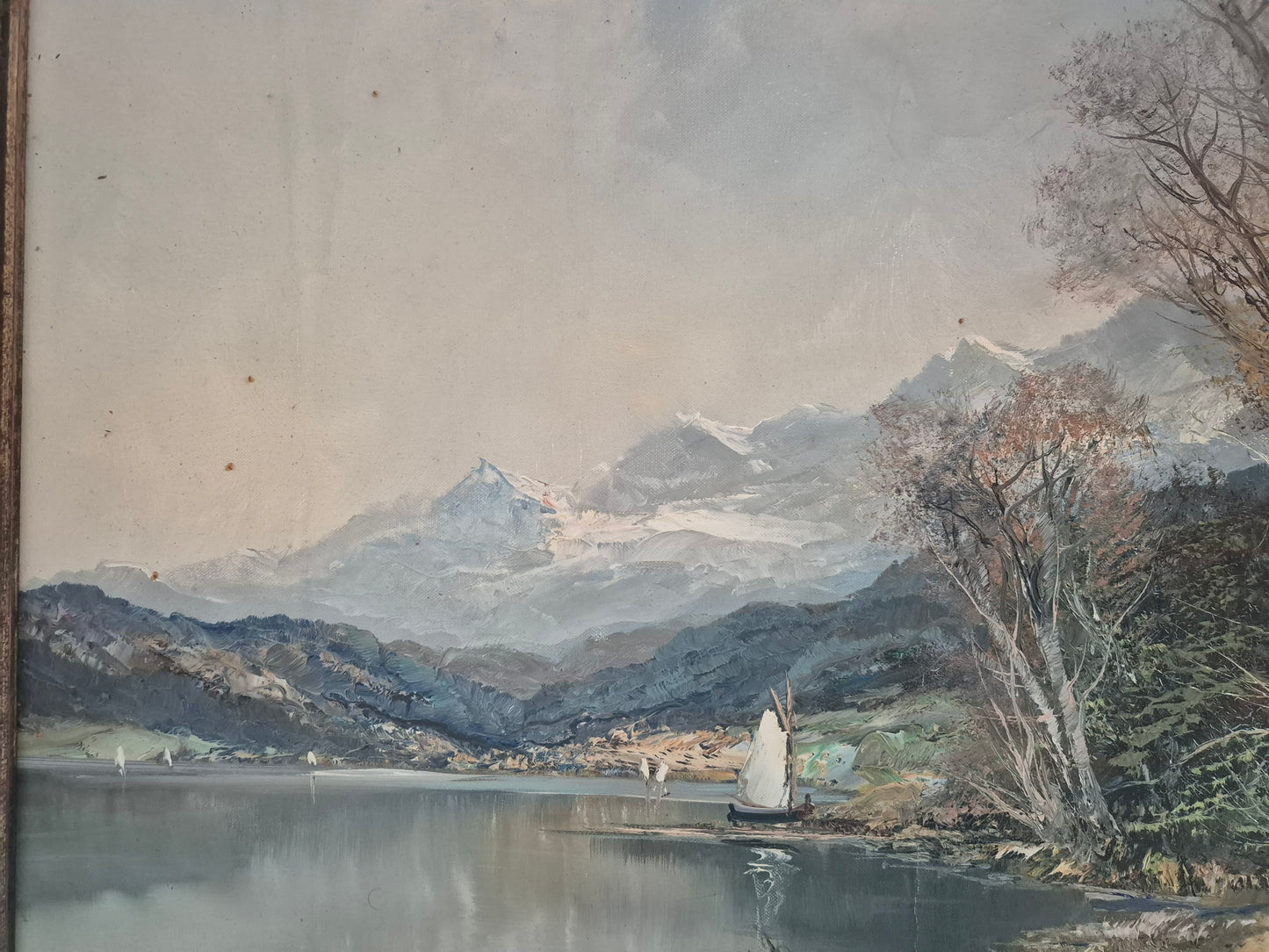 Ölgemälde Landschaft mit See Europäische Schule (XX) Handsigniert