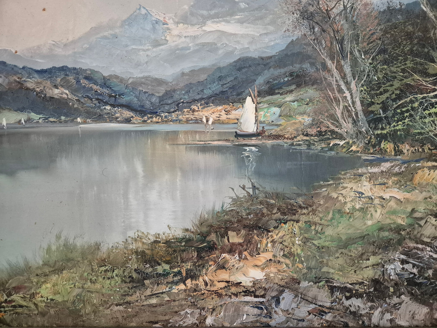 Ölgemälde Landschaft mit See Europäische Schule (XX) Handsigniert