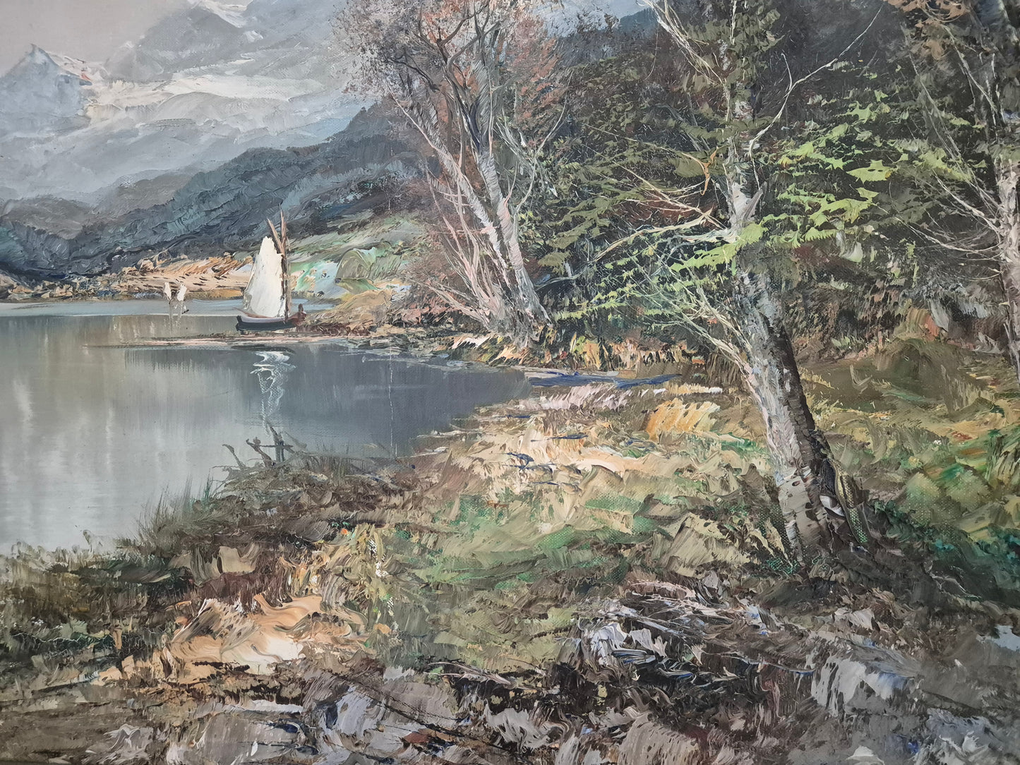 Ölgemälde Landschaft mit See Europäische Schule (XX) Handsigniert